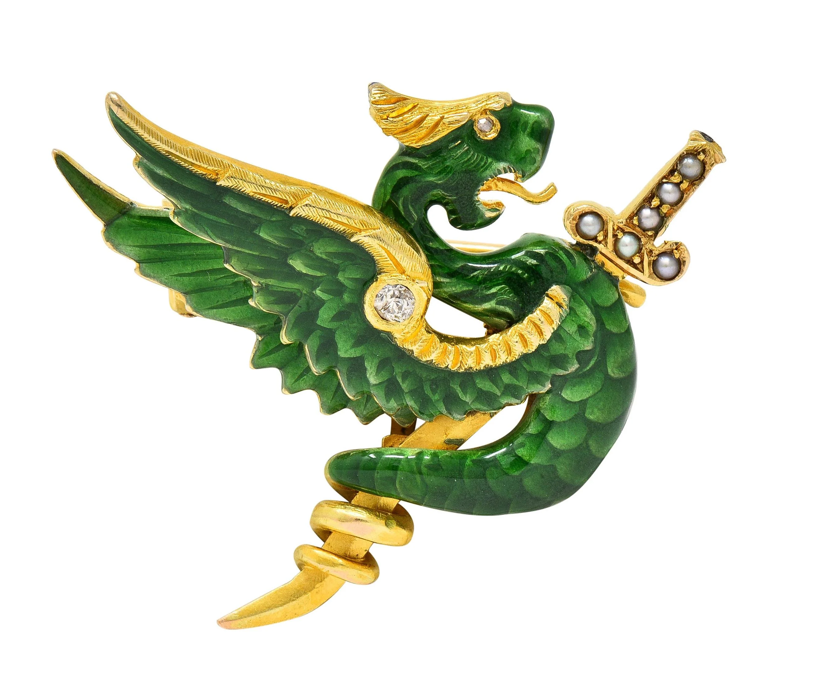 Riker Bros Art Nouveau Diamond Pearl Green Enamel 14K Yellow Gold Dragon Sword Antique Brooch - Image 12