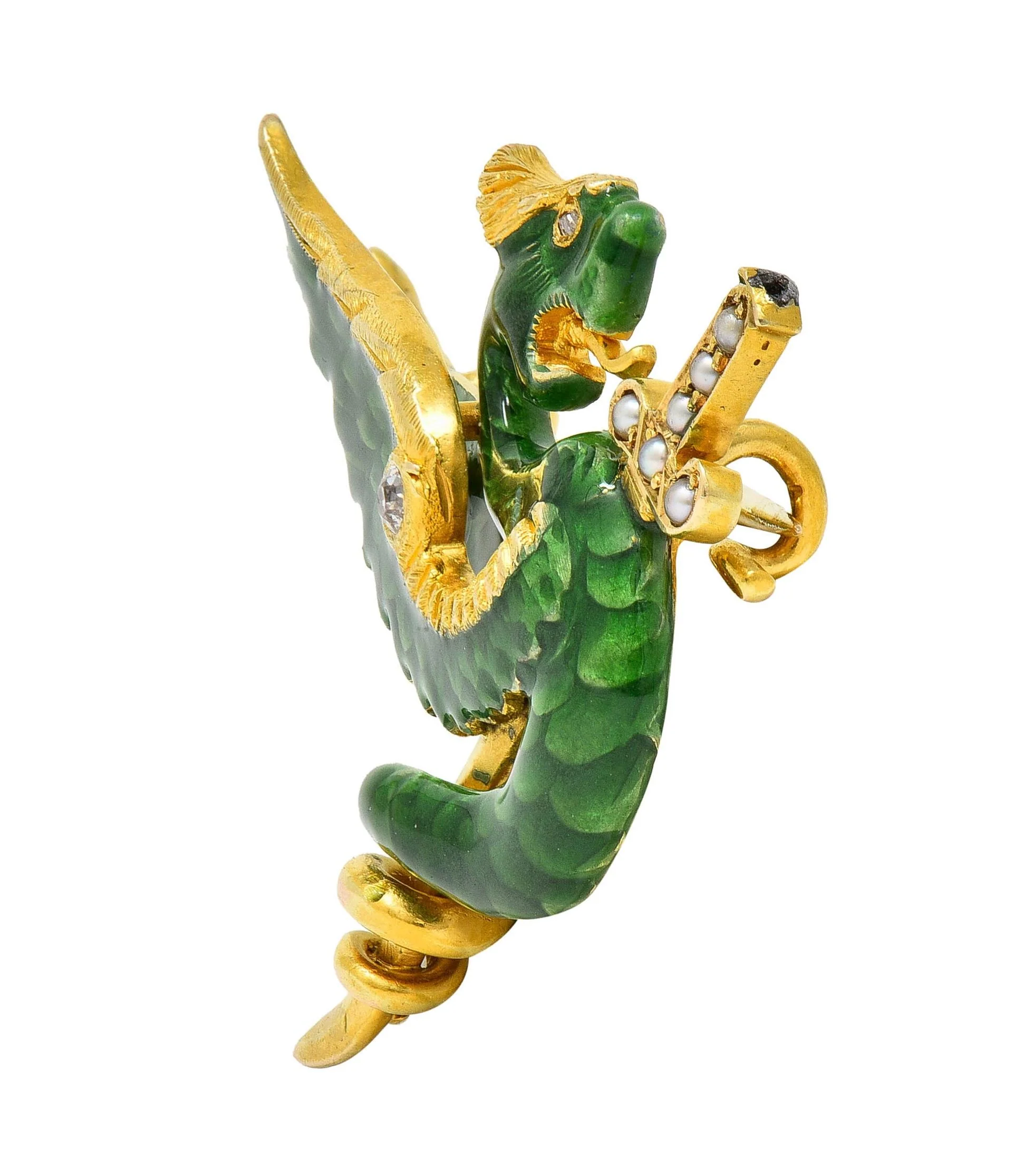 Riker Bros Art Nouveau Diamond Pearl Green Enamel 14K Yellow Gold Dragon Sword Antique Brooch - Image 4