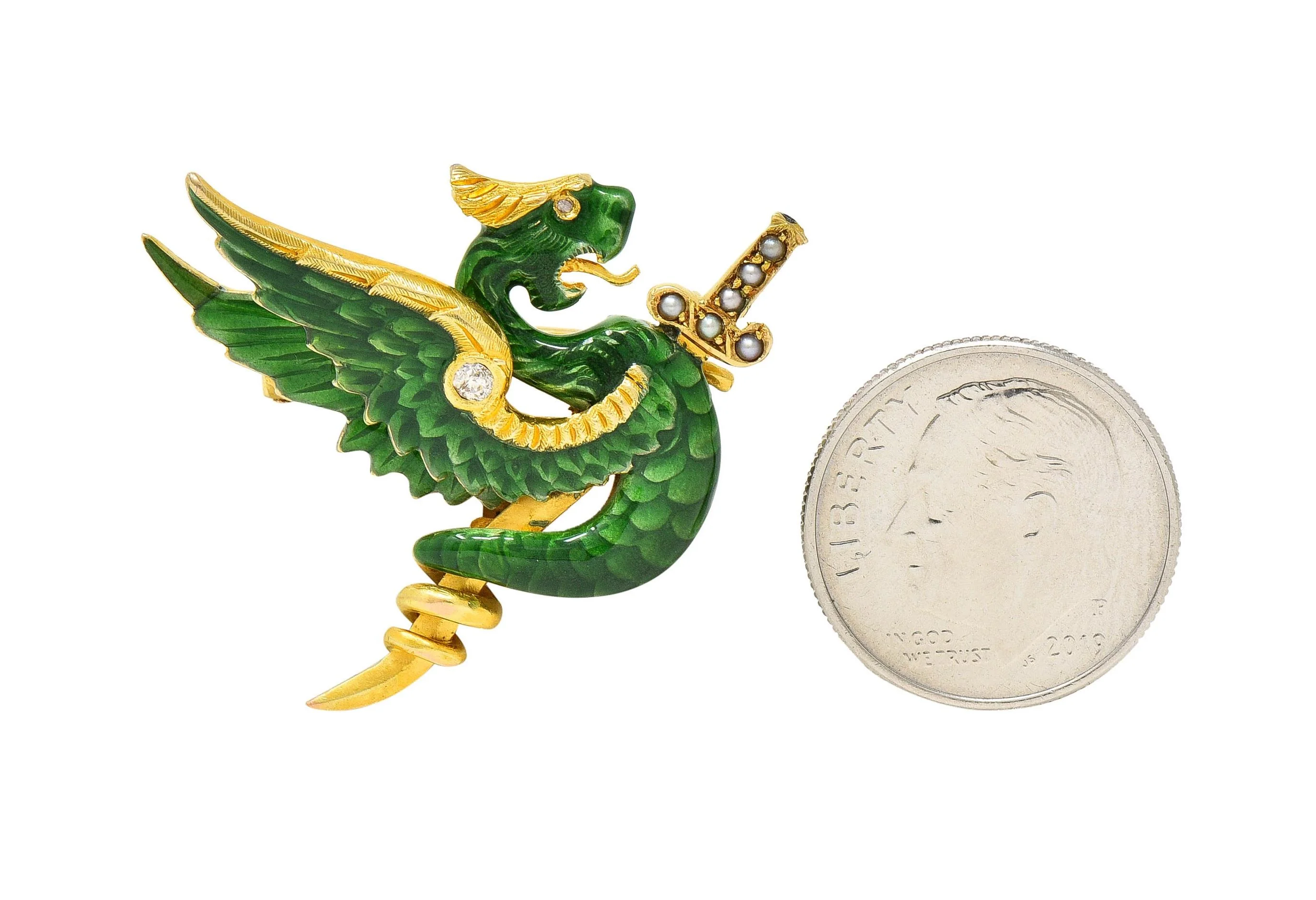 Riker Bros Art Nouveau Diamond Pearl Green Enamel 14K Yellow Gold Dragon Sword Antique Brooch - Image 5