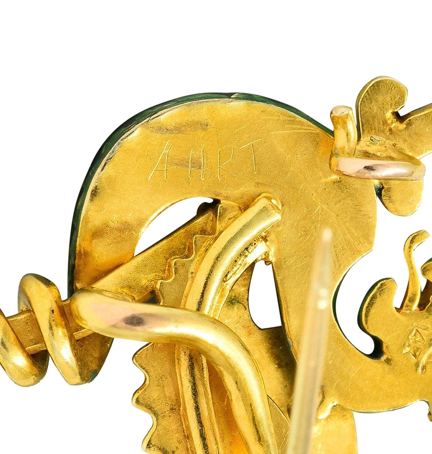 Riker Bros Art Nouveau Diamond Pearl Green Enamel 14K Yellow Gold Dragon Sword Antique Brooch - Image 7