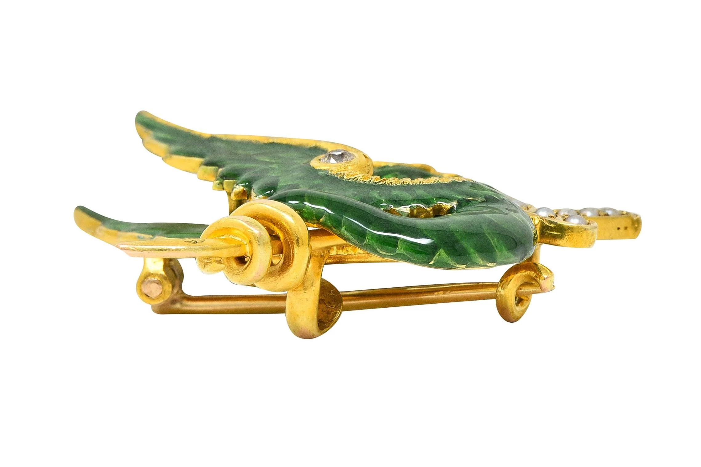 Riker Bros Art Nouveau Diamond Pearl Green Enamel 14K Yellow Gold Dragon Sword Antique Brooch - Image 9