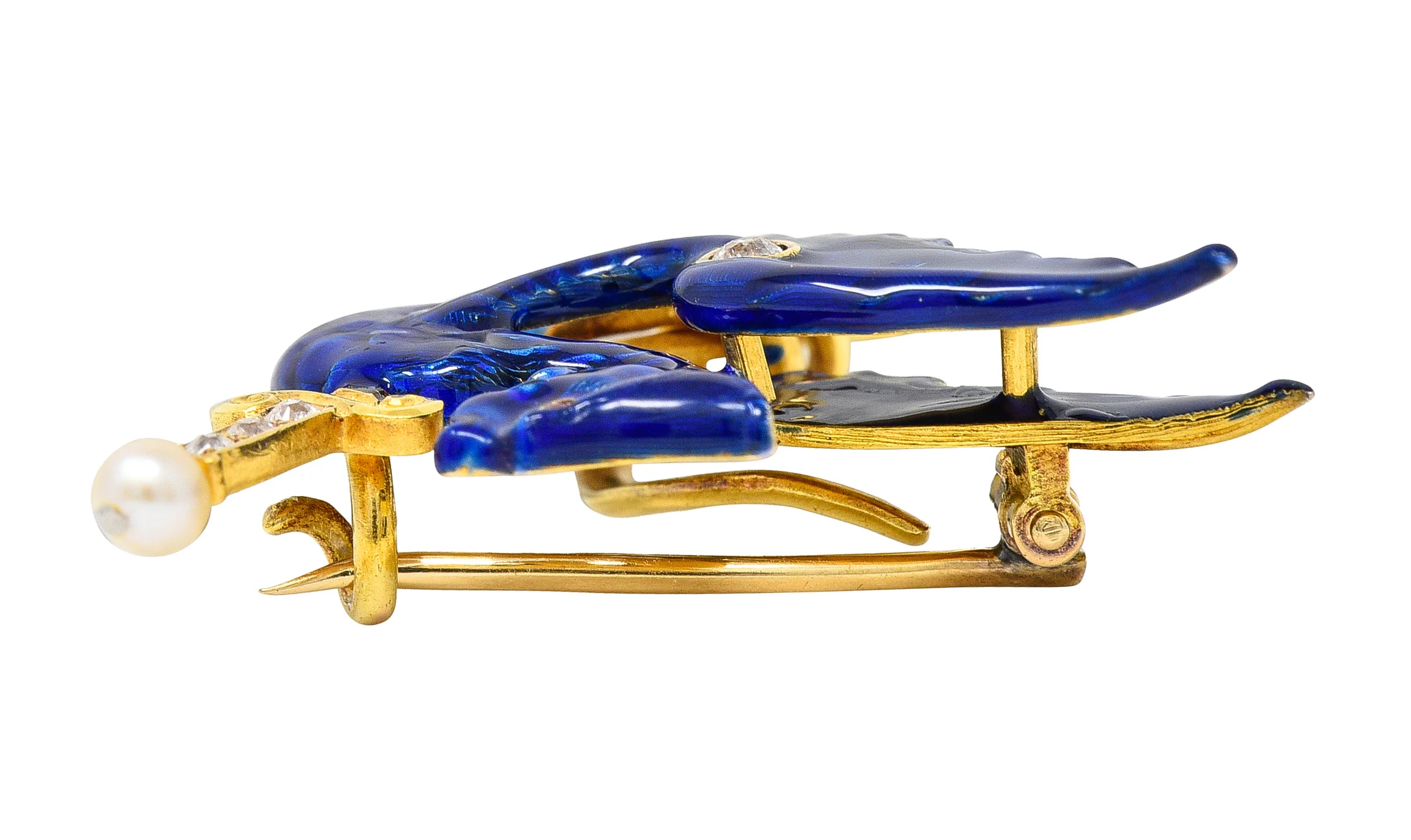 Riker Bros Art Nouveau Diamond Pearl Ruby Blue Enamel 14 Karat Gold Wyvern Serpent Dragon Sword Antique Unisex Brooch - Image 8