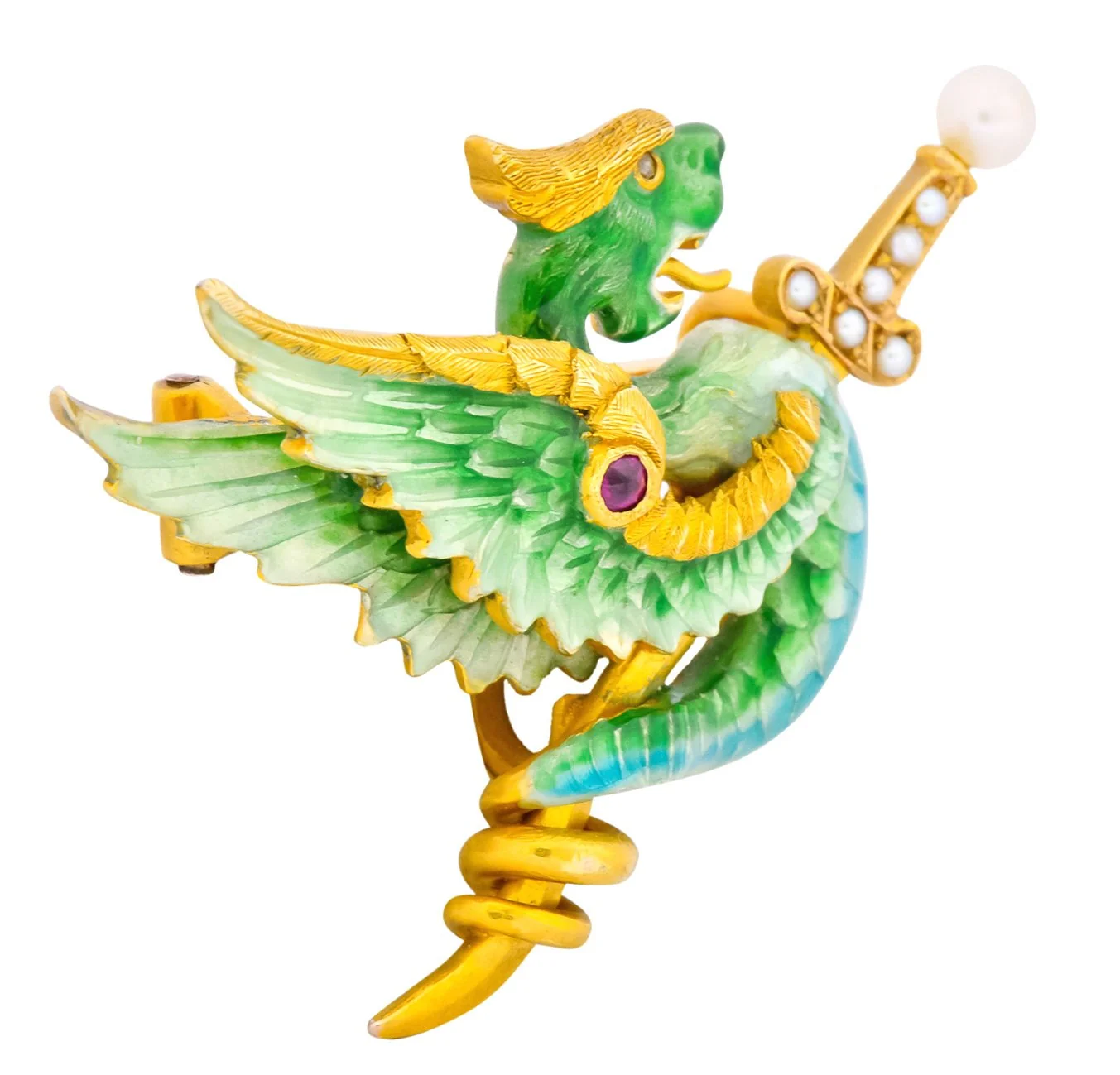 Riker Bros. Art Nouveau Enamel Ruby Diamond Pearl Serpent Dragon Sword Brooch - Image 2