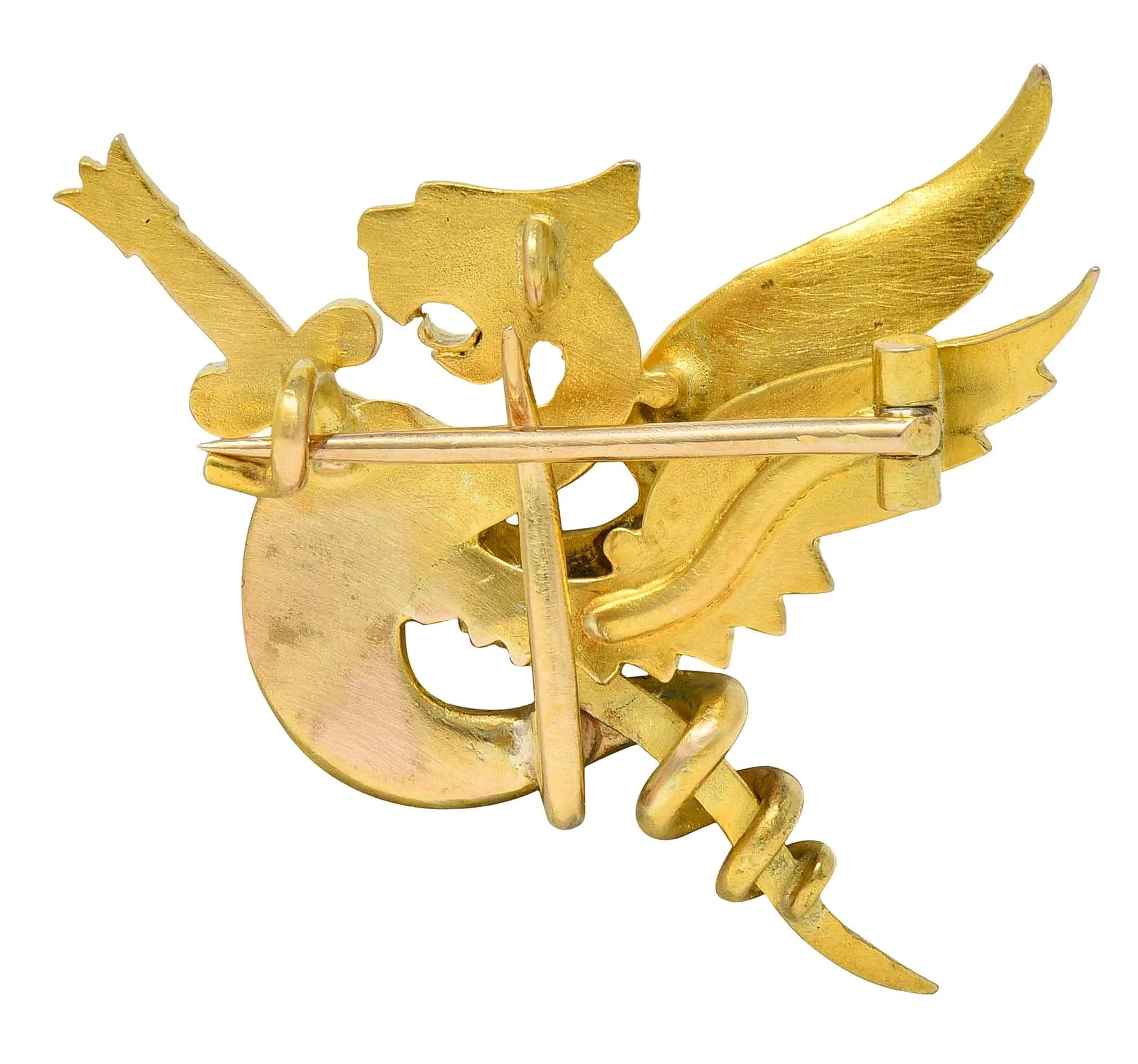 Riker Bros Art Nouveau Garnet 14 Karat Yellow Gold Dragon Sword Antique Pendant Brooch - Image 4