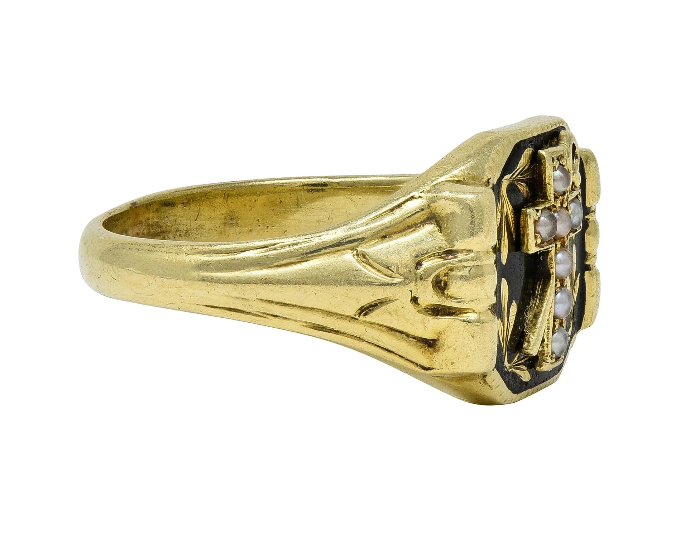 Riker Brother Pearl Enamel 14 Karat Yellow Gold Antique Mourning Cross Unisex Signet Ring - Image 2