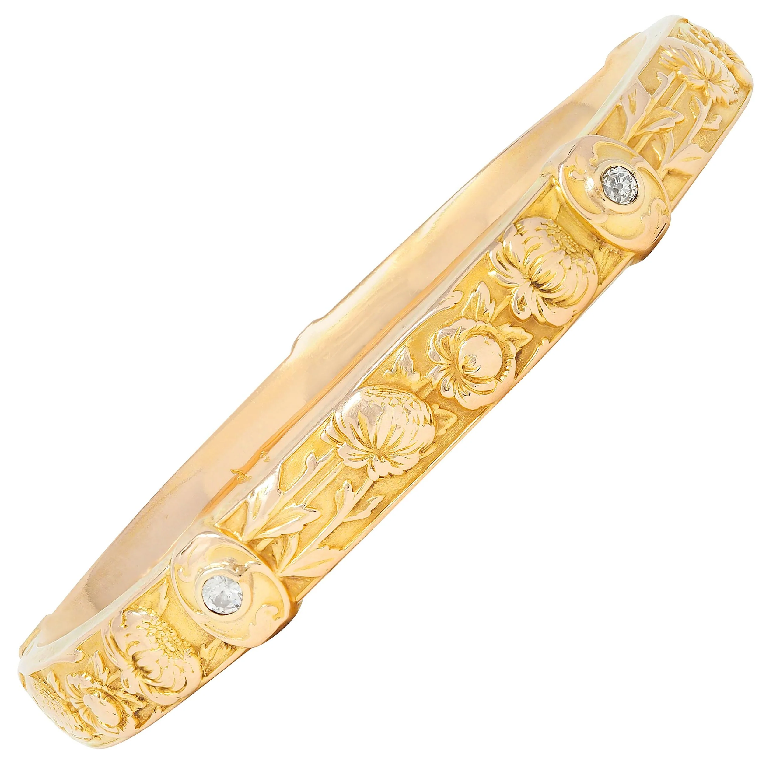 Riker Brothers Art Nouveau Diamond 14 Karat Yellow Gold Antique Chrysanthemum Floral Flower Bangle Bracelet