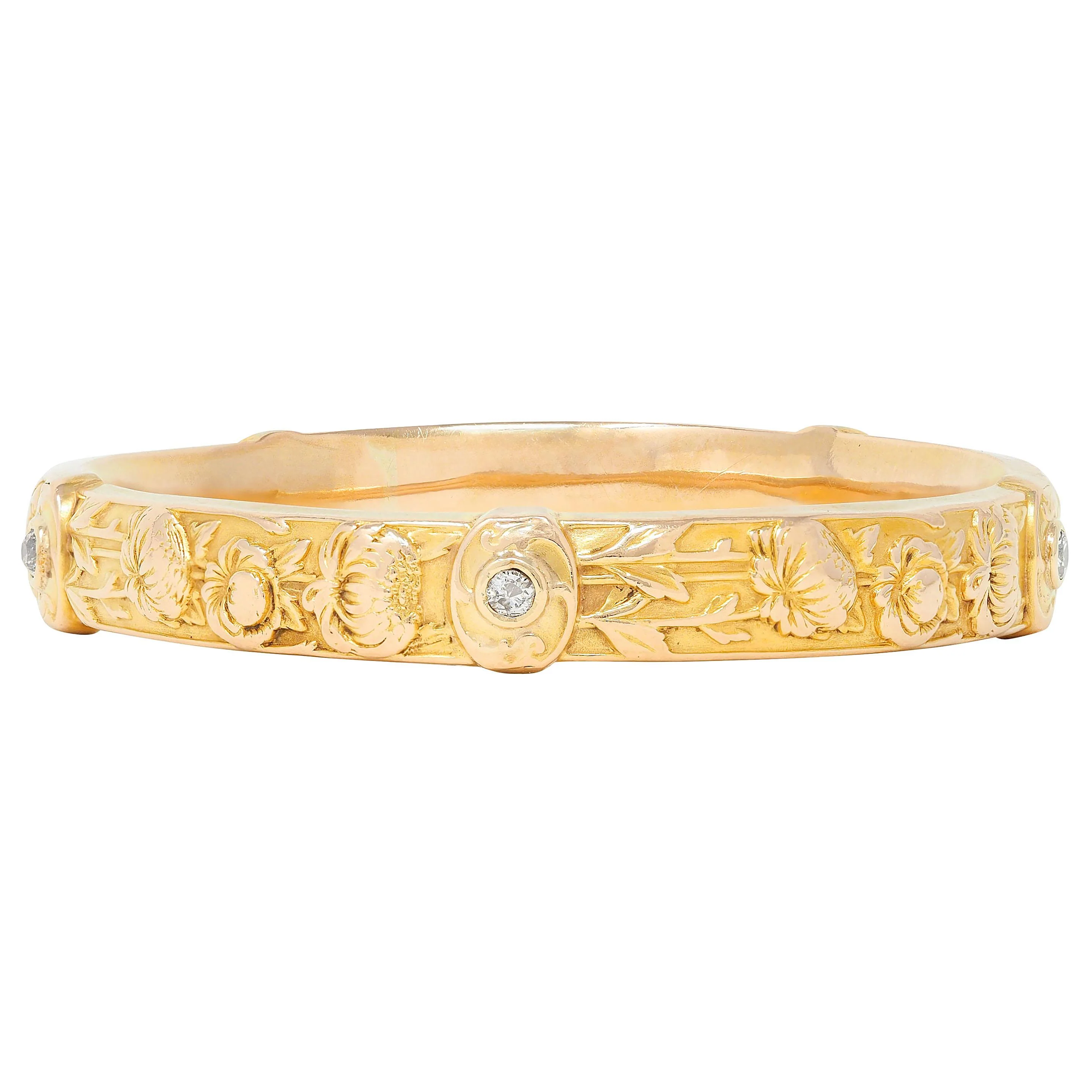 Riker Brothers Art Nouveau Diamond 14 Karat Yellow Gold Antique Chrysanthemum Floral Flower Bangle Bracelet - Image 2