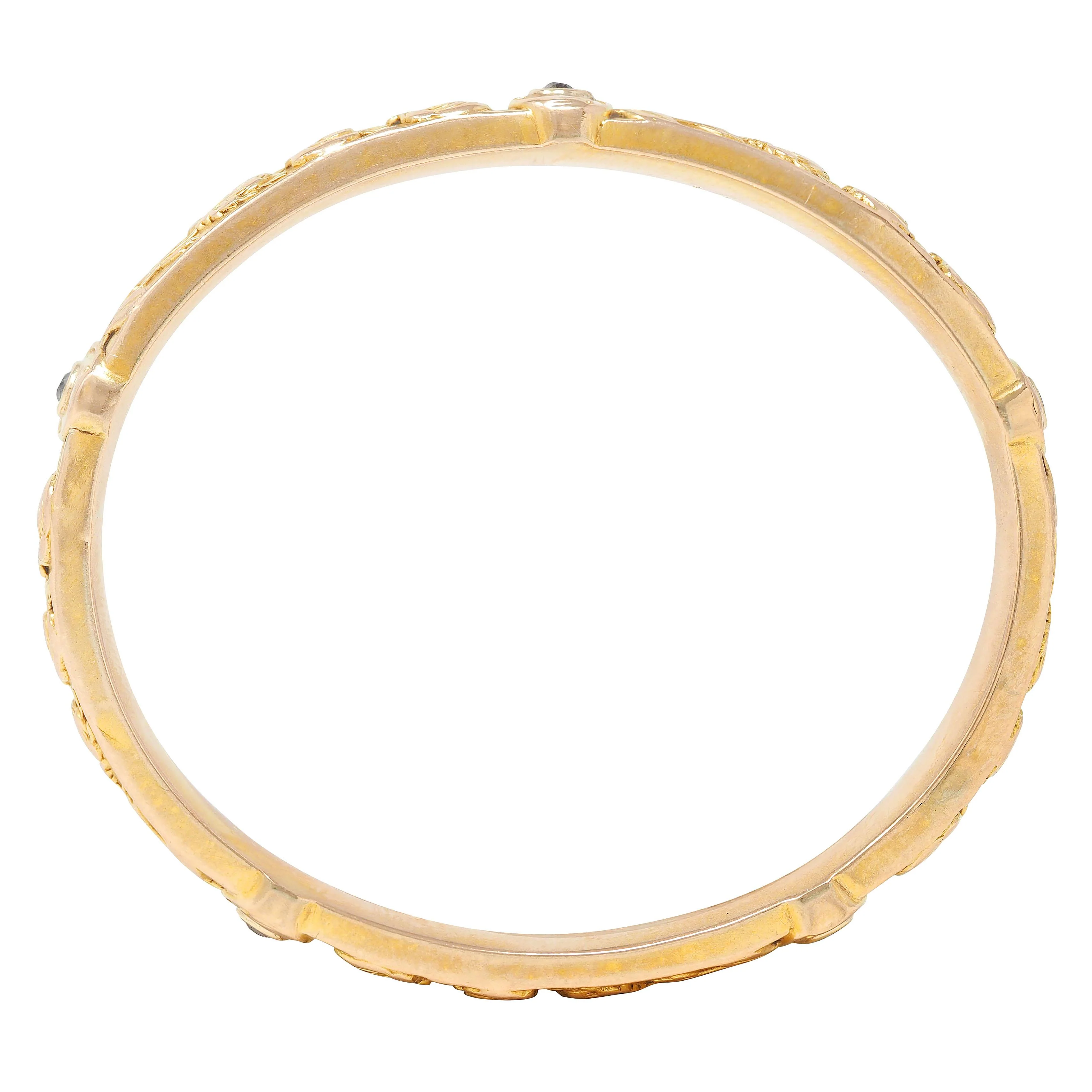 Riker Brothers Art Nouveau Diamond 14 Karat Yellow Gold Antique Chrysanthemum Floral Flower Bangle Bracelet - Image 6