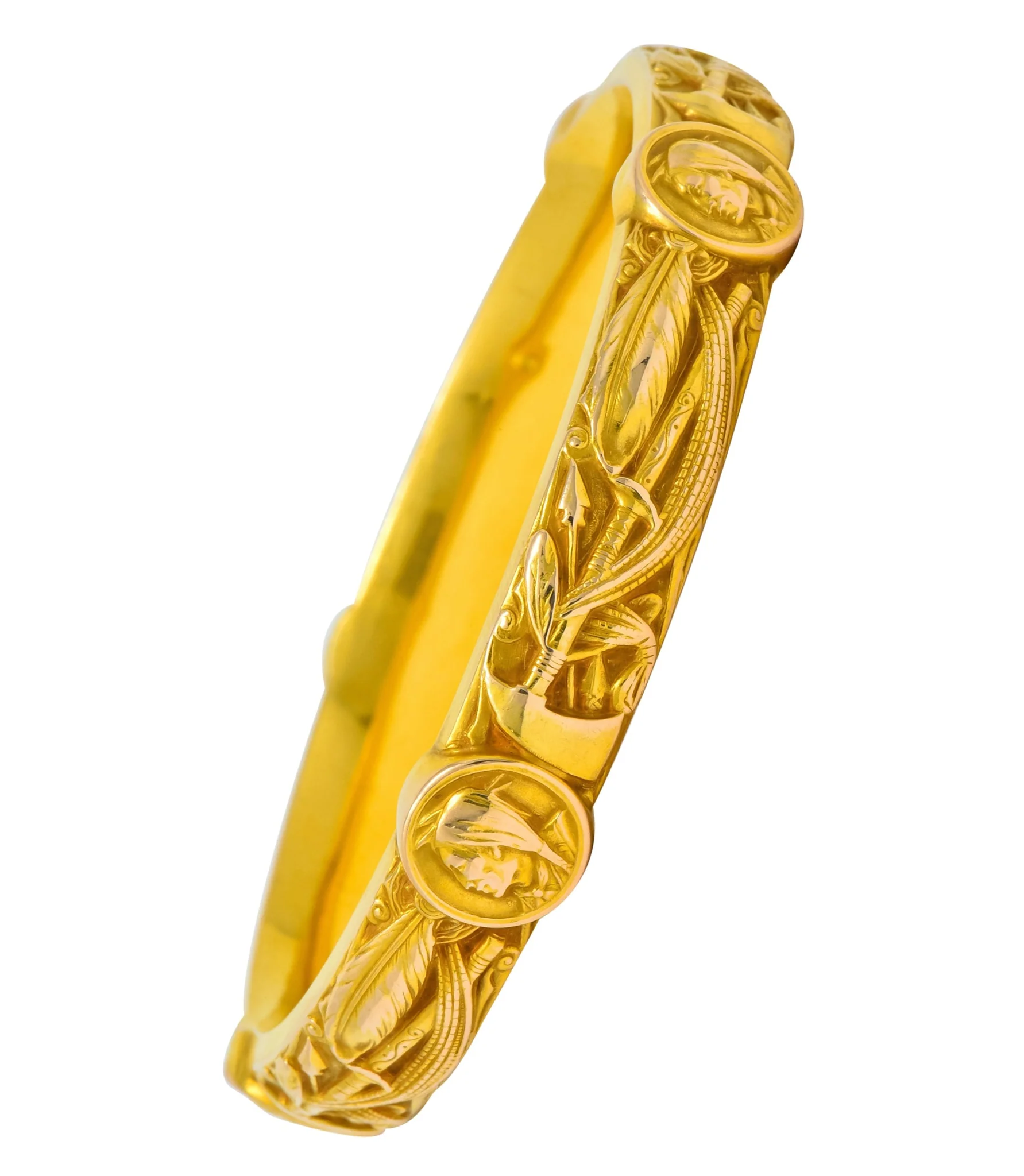Riker Brothers Art Nouveau 14 Karat Gold Native American Bangle Bracelet - Image 2