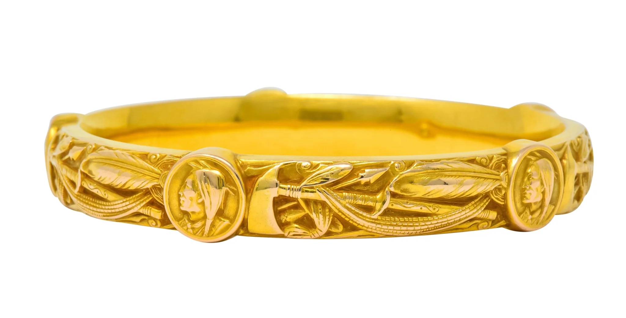 Riker Brothers Art Nouveau 14 Karat Gold Native American Bangle Bracelet - Image 3