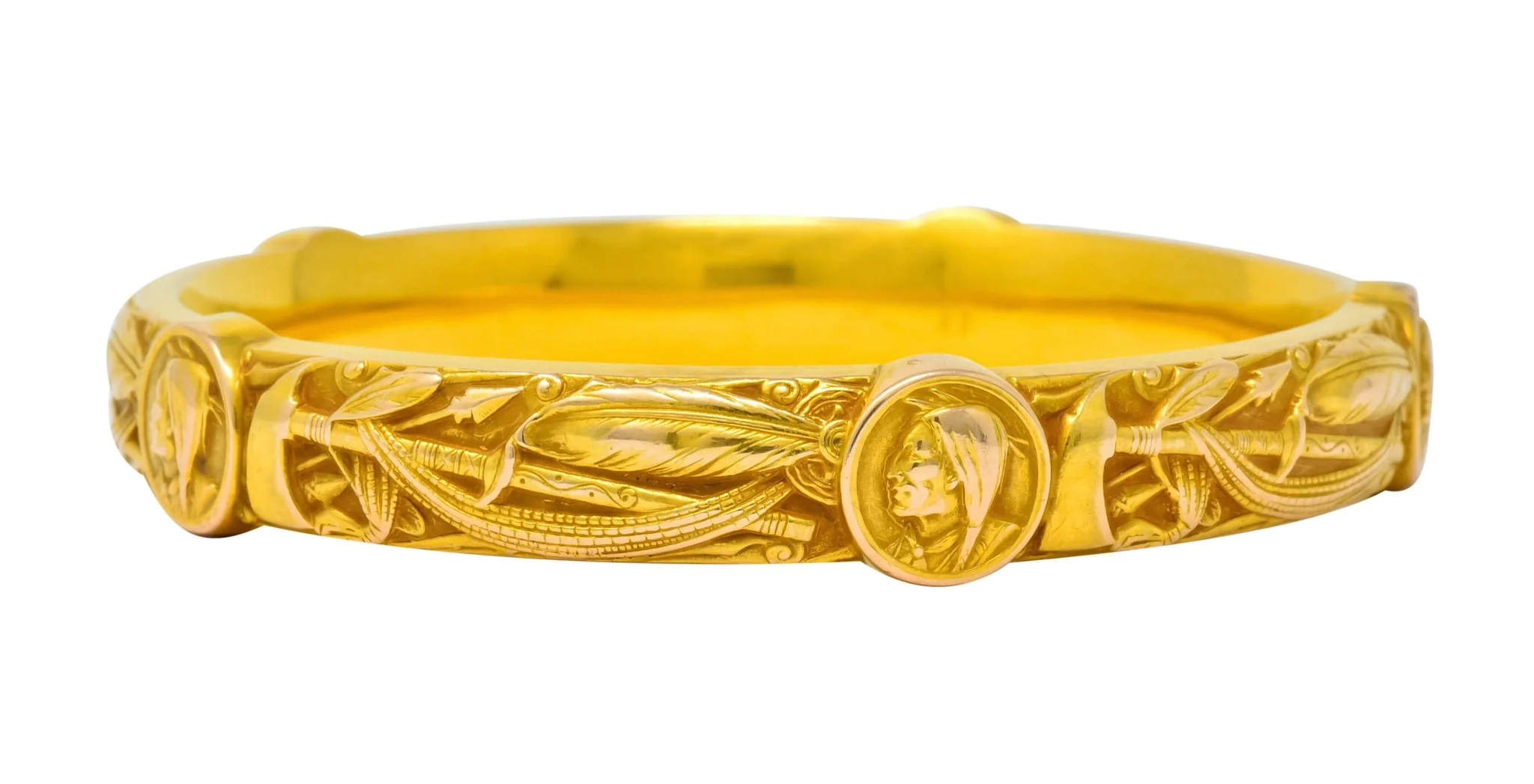 Riker Brothers Art Nouveau 14 Karat Gold Native American Bangle Bracelet - Image 5
