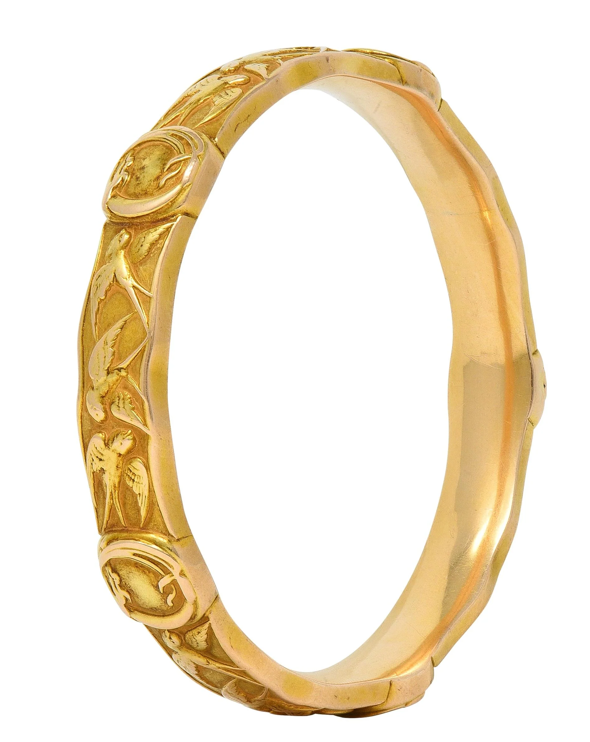 Riker Brothers Art Nouveau 14 Karat Yellow Gold Antique Swallow Bird Bangle Bracelet - Image 2