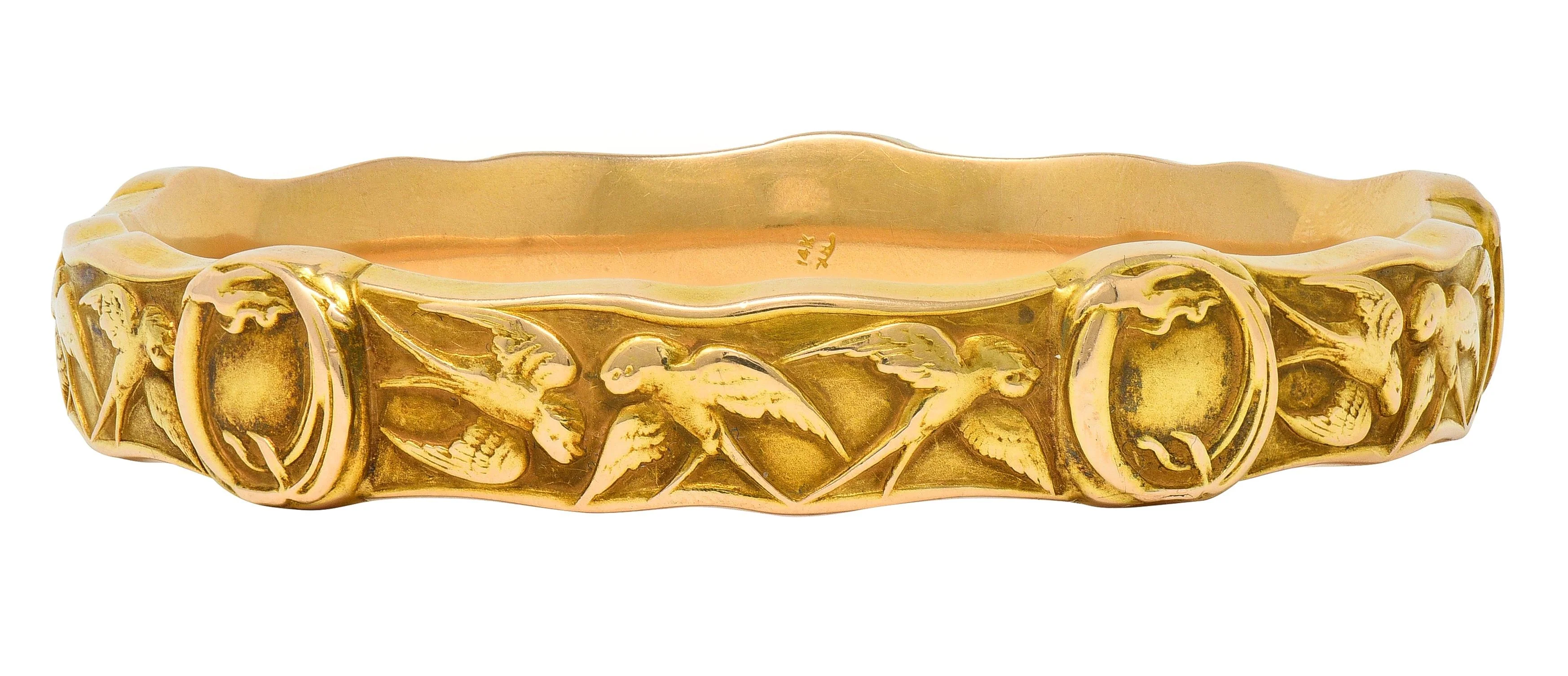 Riker Brothers Art Nouveau 14 Karat Yellow Gold Antique Swallow Bird Bangle Bracelet - Image 3