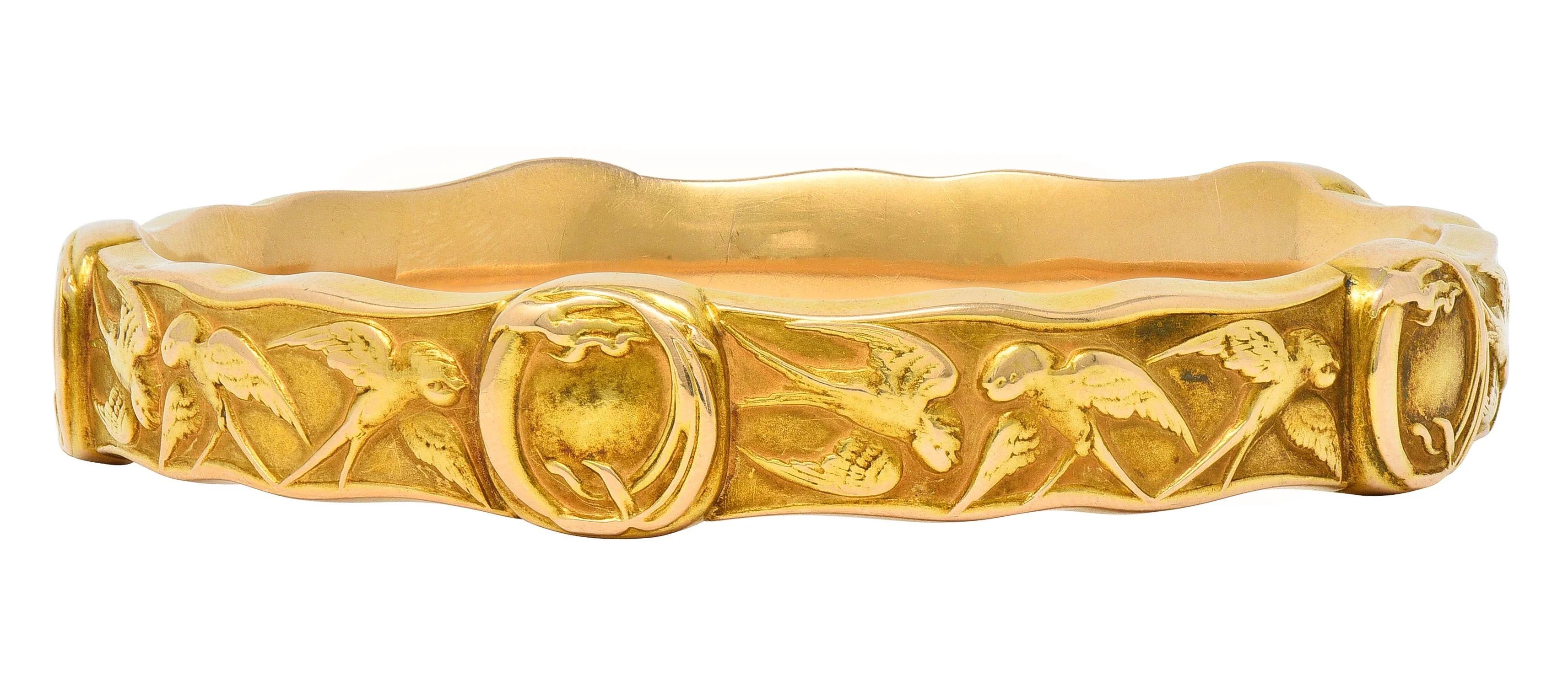 Riker Brothers Art Nouveau 14 Karat Yellow Gold Antique Swallow Bird Bangle Bracelet - Image 7