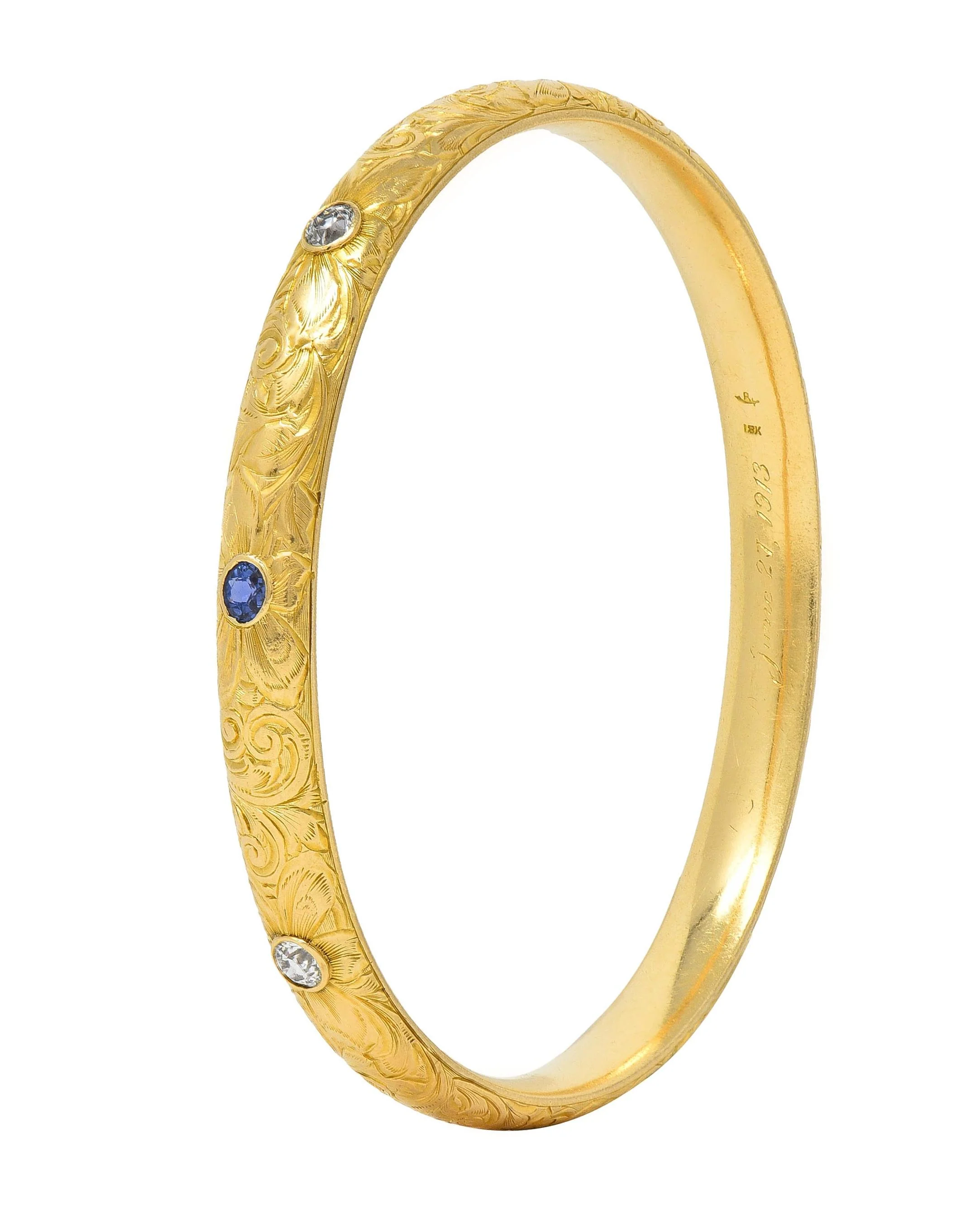 Riker Brothers Art Nouveau 1913 0.82 CTW Sapphire Diamond 18K Gold Antique Bangle Bracelet - Image 3
