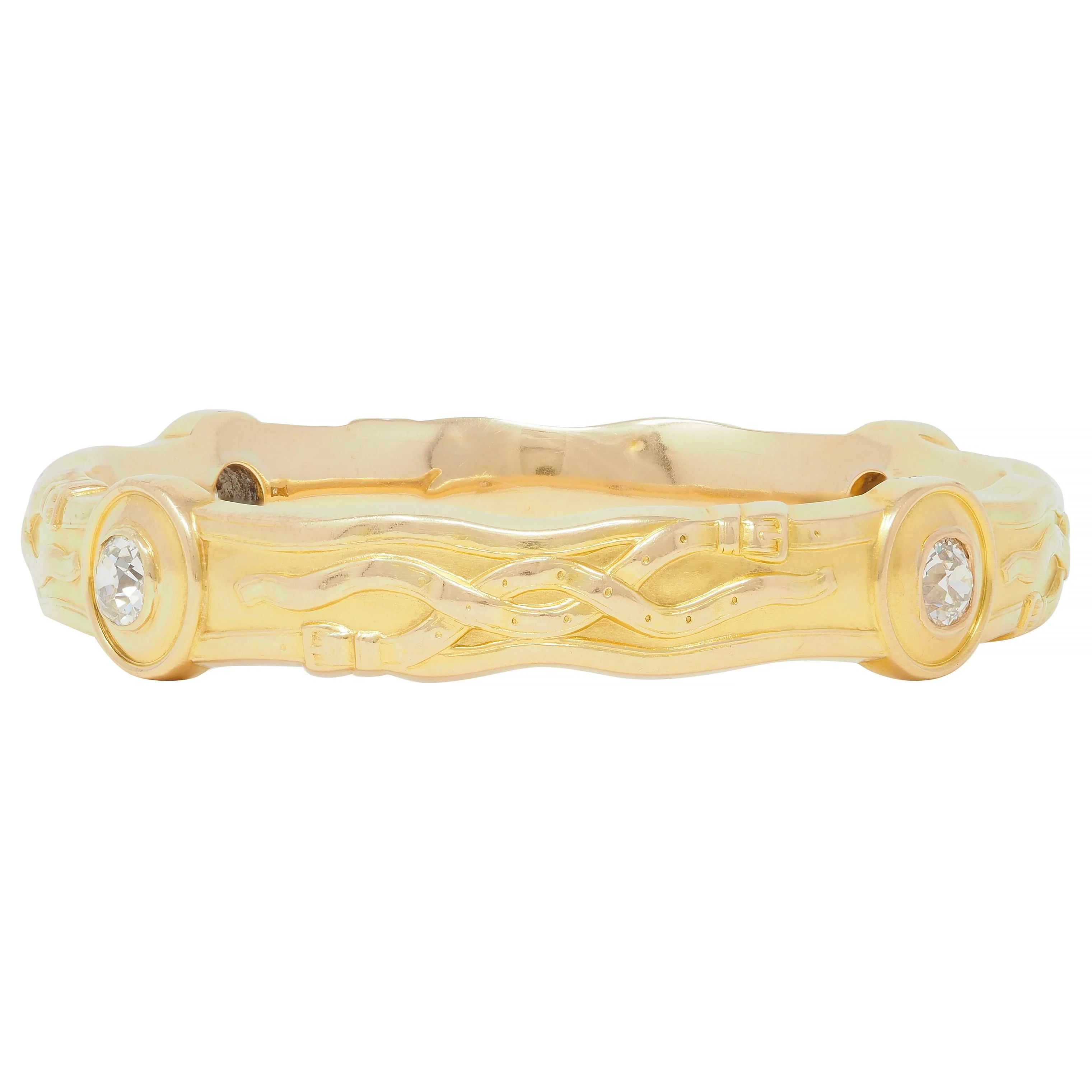 Riker Brothers Art Nouveau 3.20 CTW Old Mine Cut Diamond 14 Karat Yellow Gold Antique Belt Bangle Bracelet - Image 4
