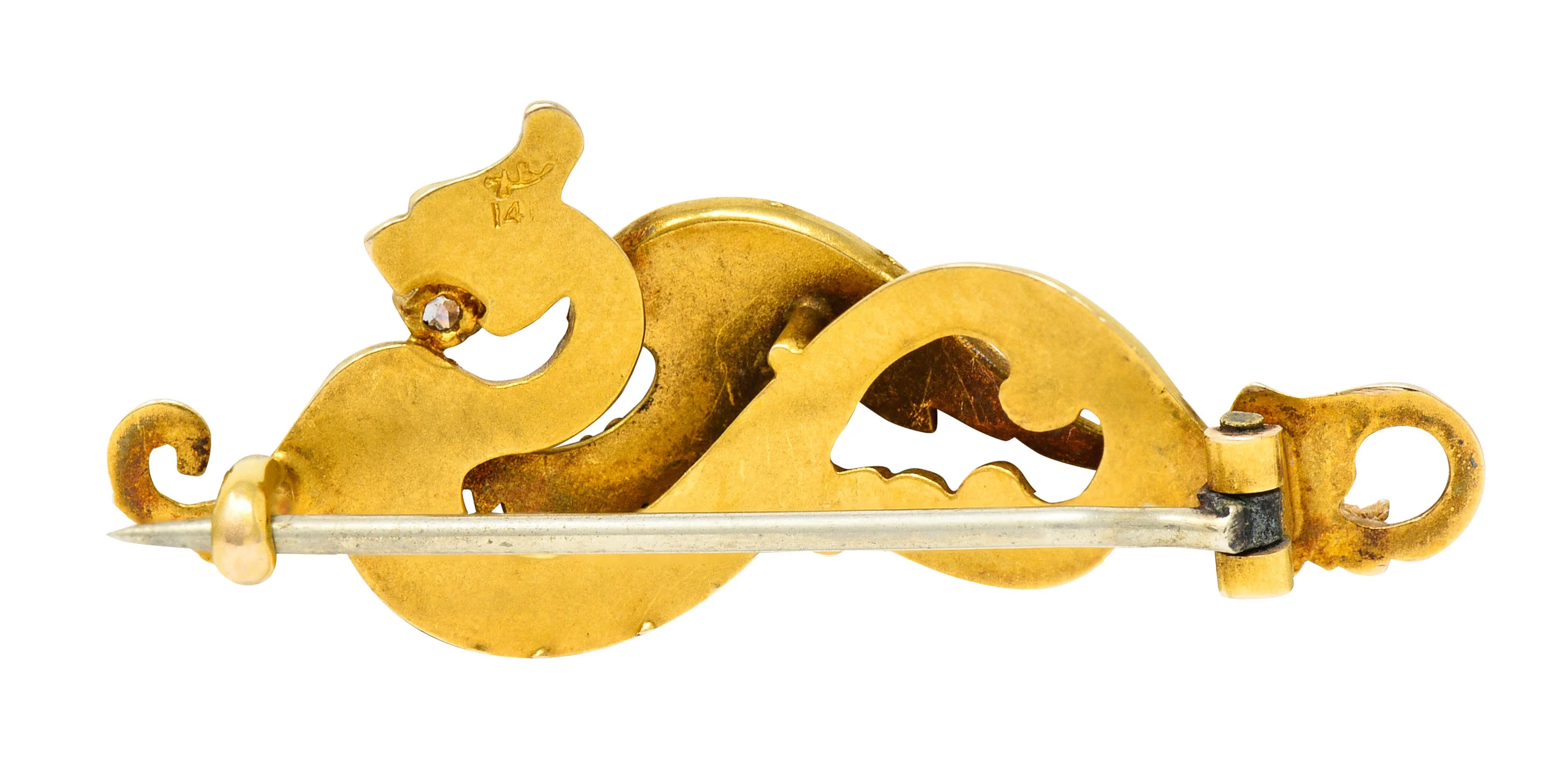Riker Brothers Art Nouveau Diamond 14 Karat Gold Serpent Dragon Pendant Brooch - Image 3