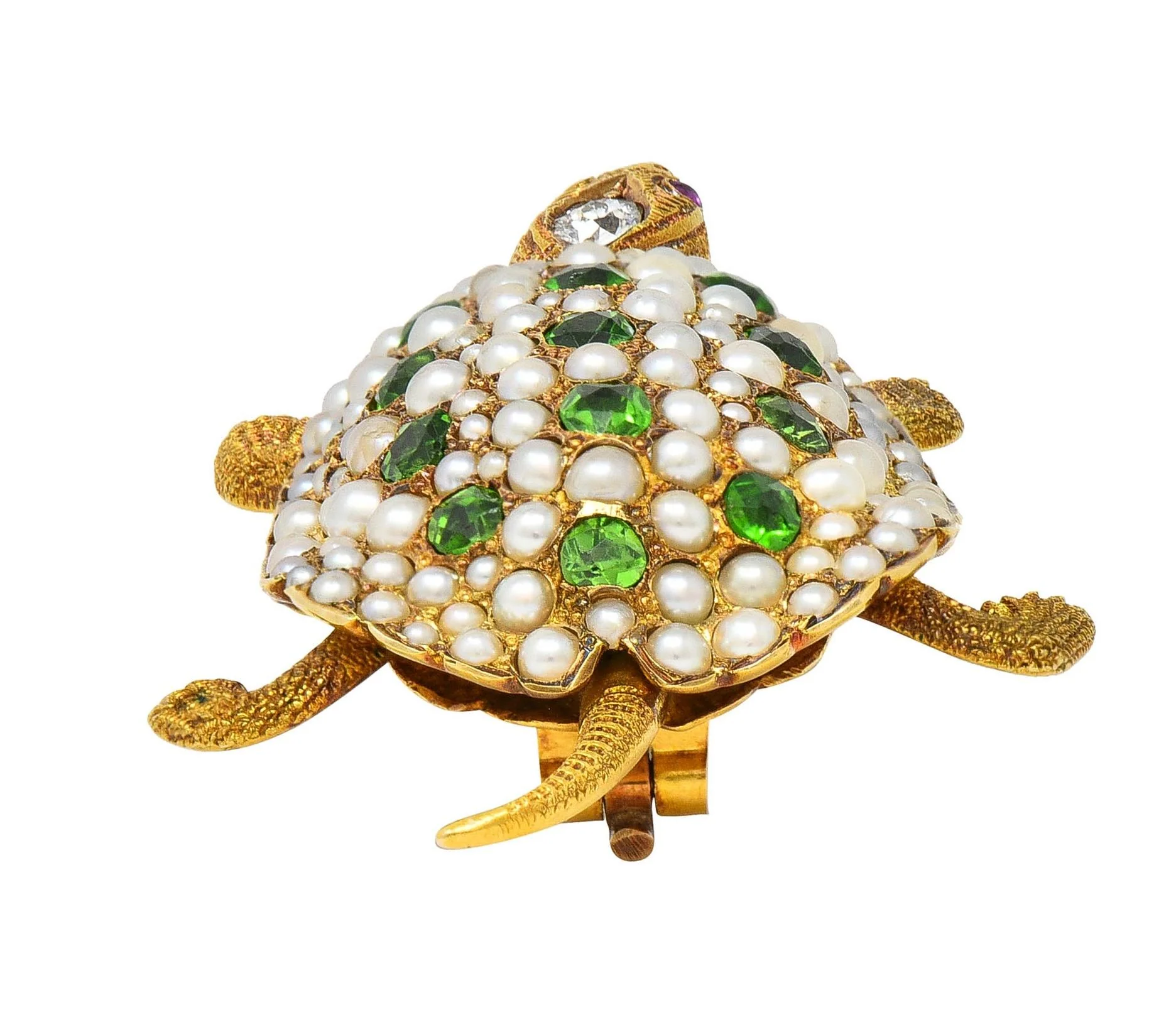 Riker Brothers Art Nouveau Diamond Demantoid Garnet Pearl Ruby 14 Karat Gold Antique Turtle Brooch - Image 11