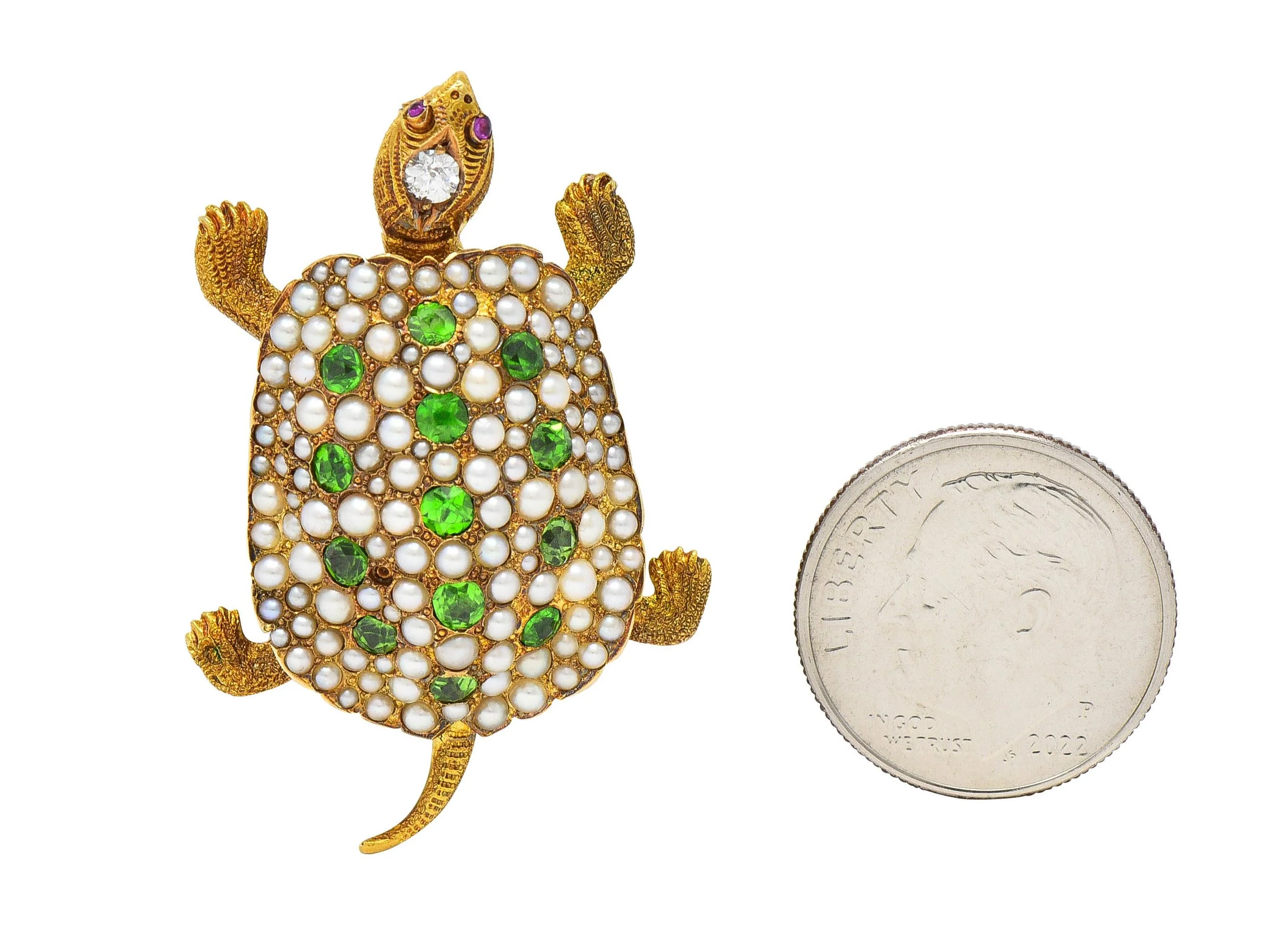 Riker Brothers Art Nouveau Diamond Demantoid Garnet Pearl Ruby 14 Karat Gold Antique Turtle Brooch - Image 6