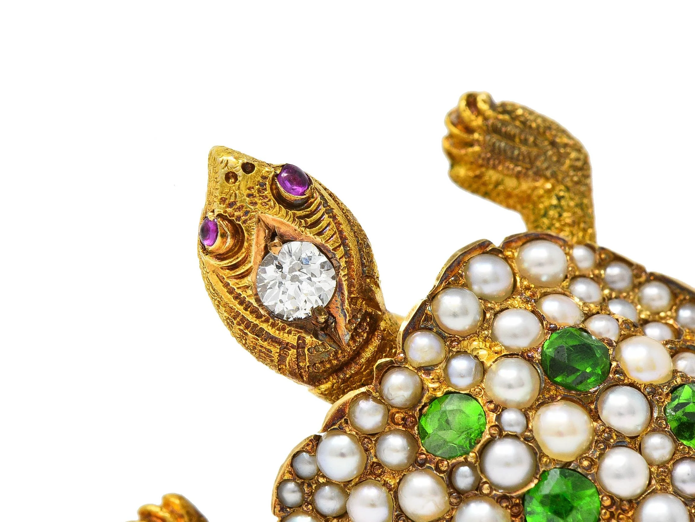 Riker Brothers Art Nouveau Diamond Demantoid Garnet Pearl Ruby 14 Karat Gold Antique Turtle Brooch - Image 9