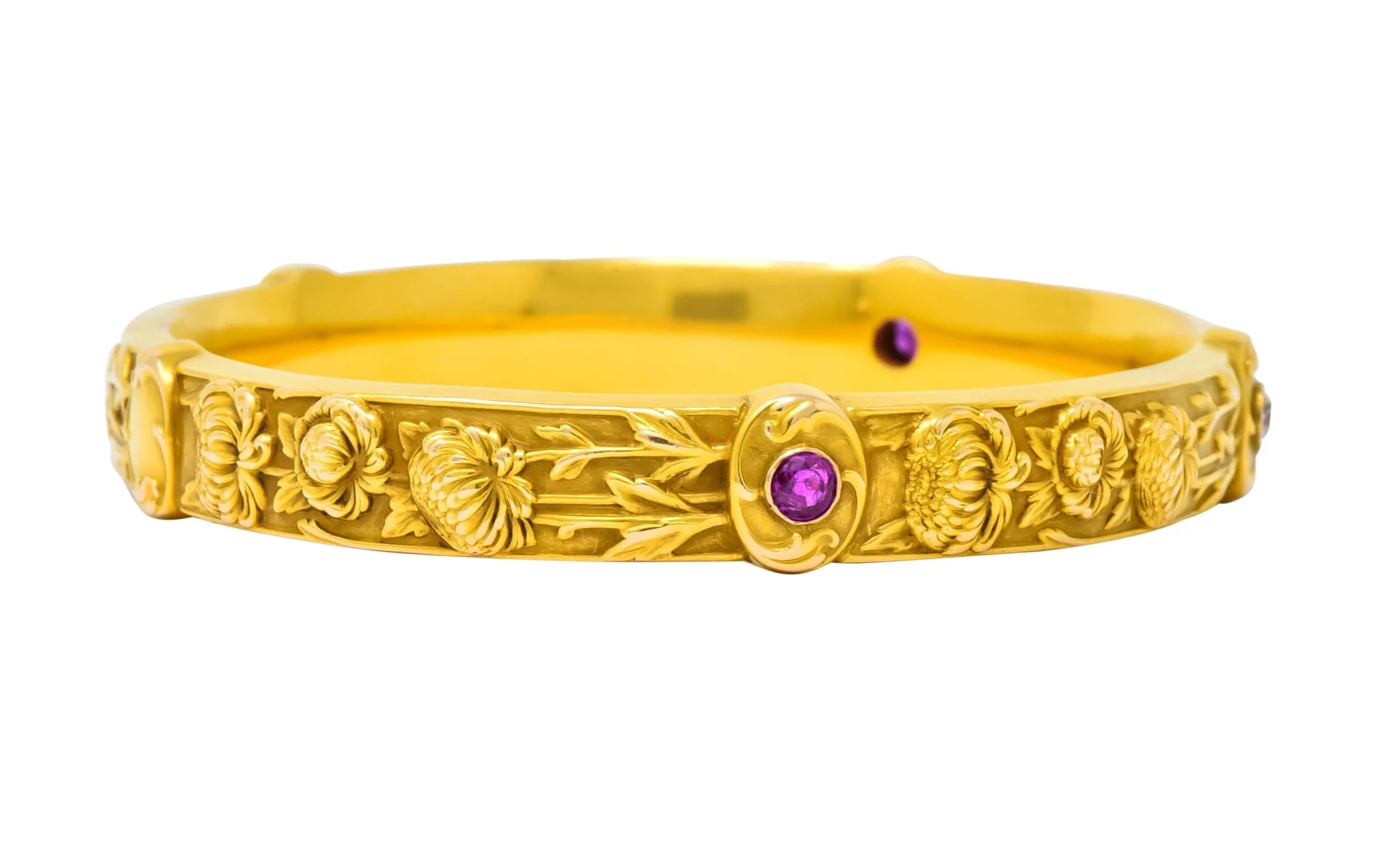 Riker Brothers Art Nouveau Diamond Ruby 14 Karat Gold Floral Bangle Bracelet - Image 2