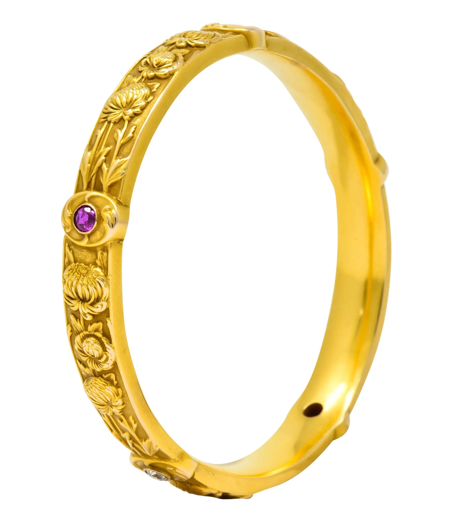 Riker Brothers Art Nouveau Diamond Ruby 14 Karat Gold Floral Bangle Bracelet - Image 3