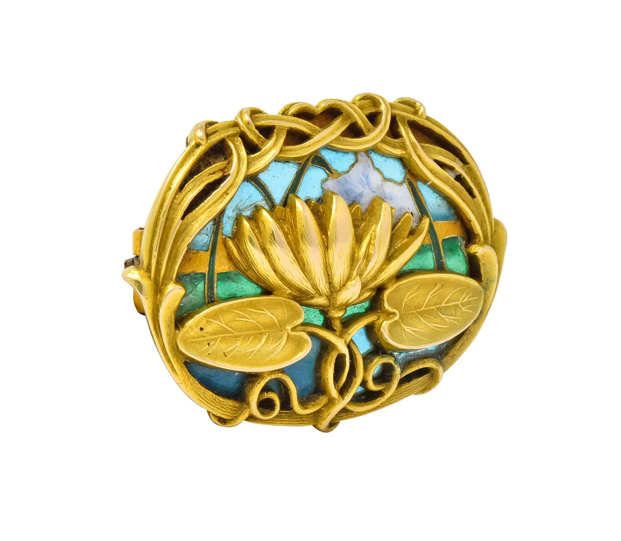 Riker Brothers Art Nouveau Enamel 14 Karat Gold Lotus Lilypad Brooch - Image 2