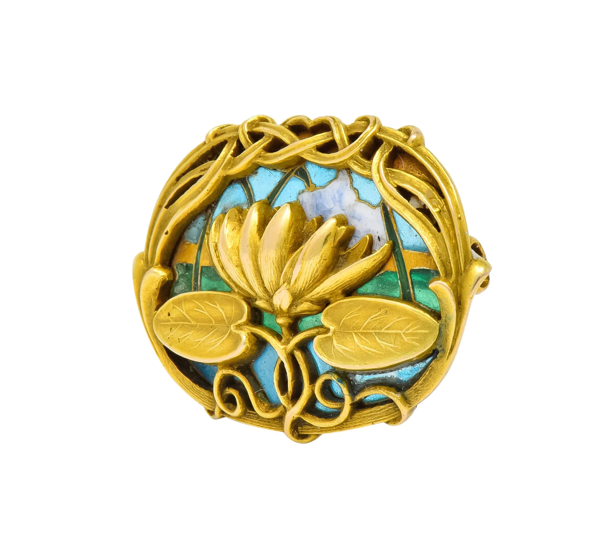 Riker Brothers Art Nouveau Enamel 14 Karat Gold Lotus Lilypad Brooch - Image 3