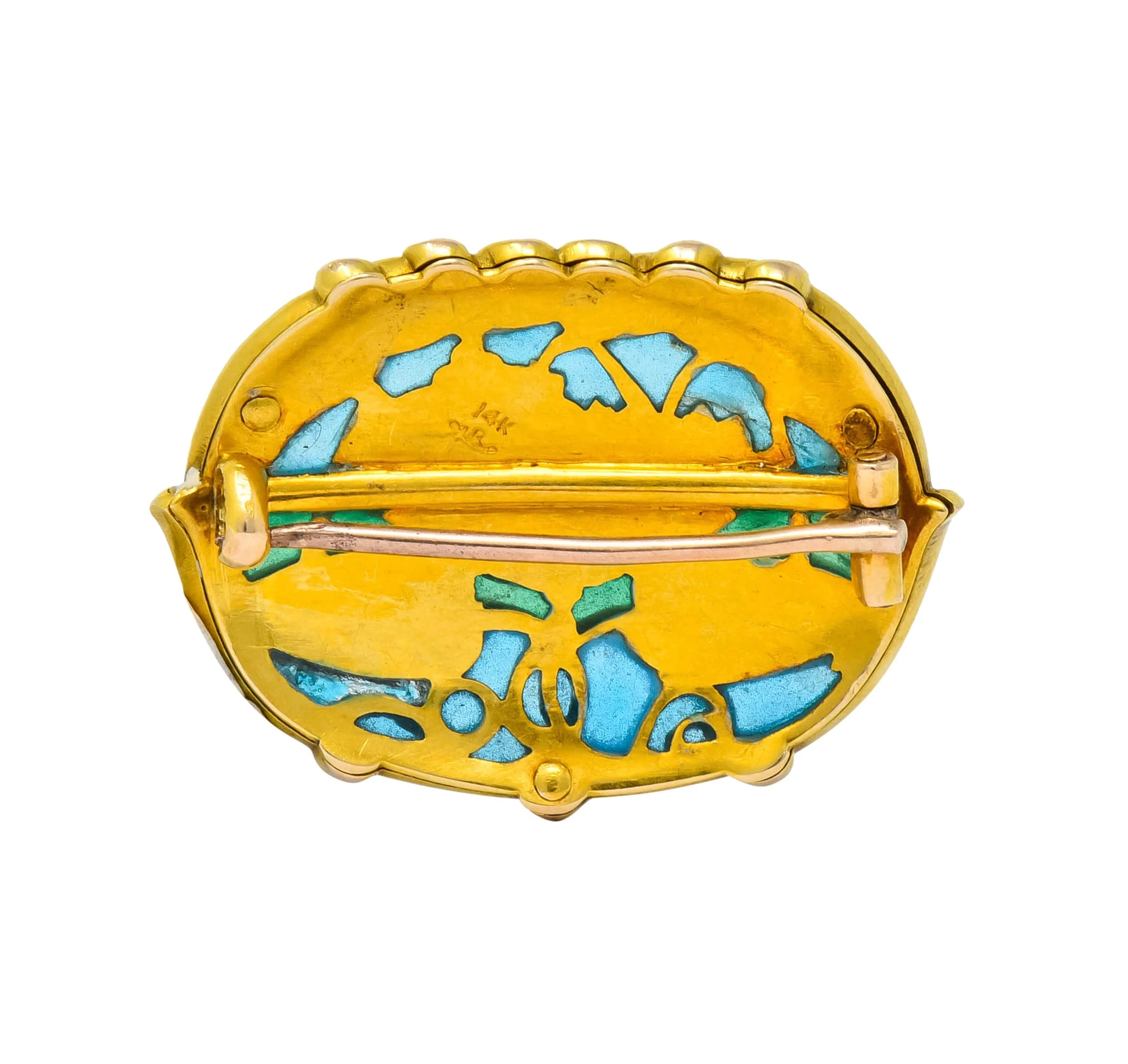 Riker Brothers Art Nouveau Enamel 14 Karat Gold Lotus Lilypad Brooch - Image 4