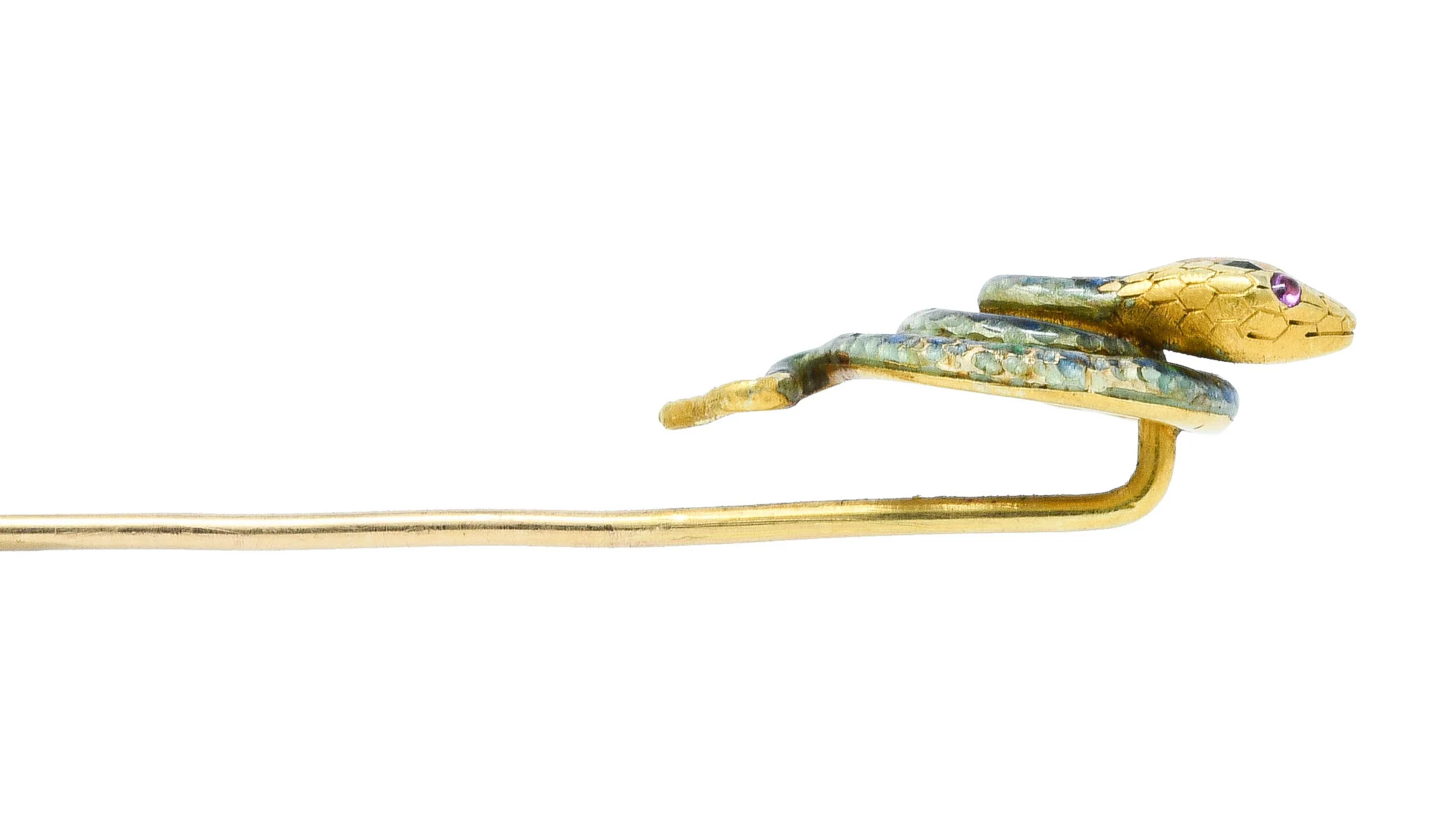 Riker Brothers Art Nouveau Enamel Demantoid Garnet 14 Karat Gold Snake Stickpin - Image 8