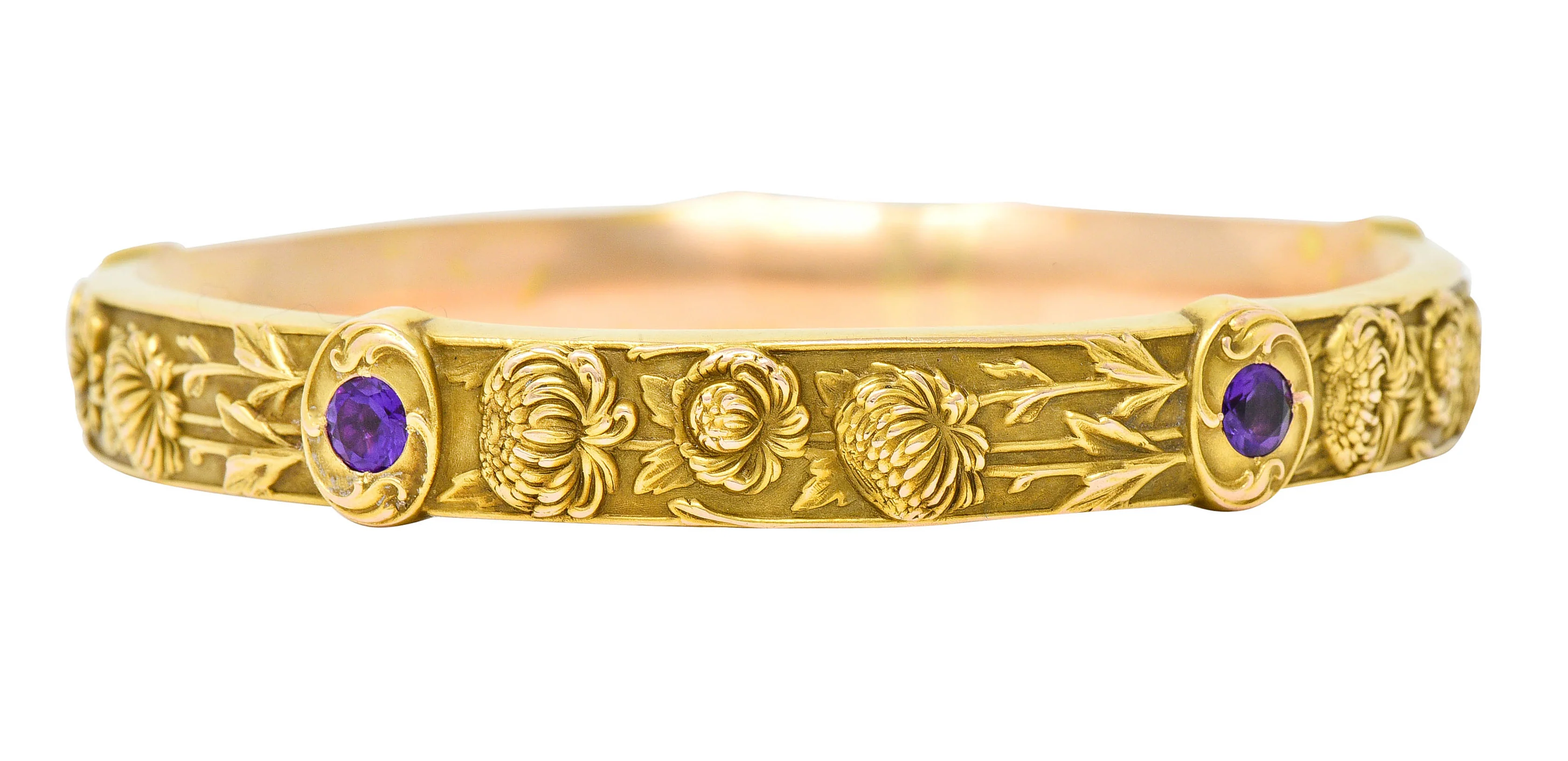 Riker Brothers Art Nouveau Floral Amethyst 14 Karat Gold Chrysanthemum Flower Bangle Bracelet - Image 3
