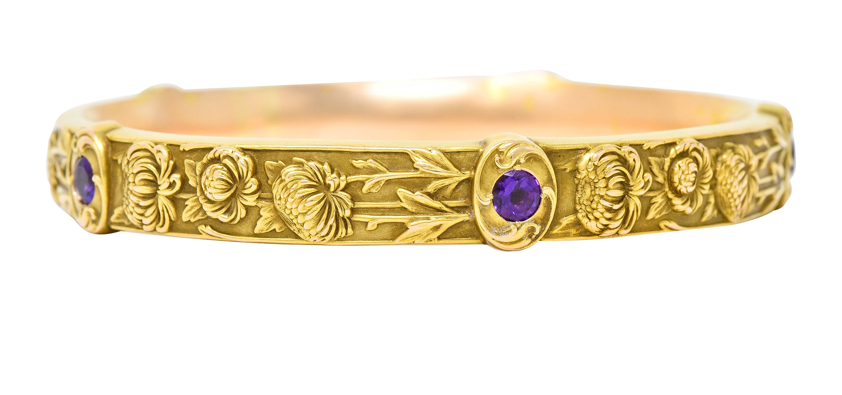 Riker Brothers Art Nouveau Floral Amethyst 14 Karat Gold Chrysanthemum Flower Bangle Bracelet - Image 4