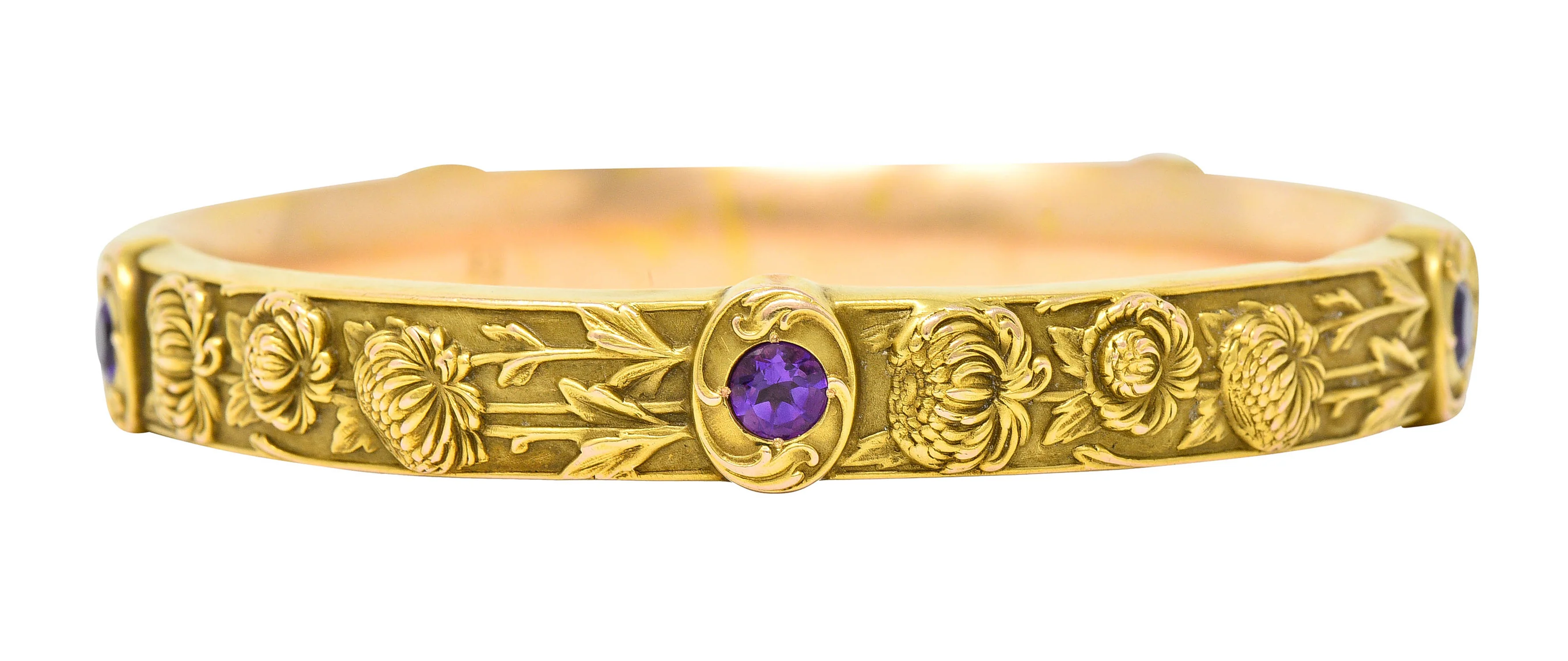 Riker Brothers Art Nouveau Floral Amethyst 14 Karat Gold Chrysanthemum Flower Bangle Bracelet - Image 7