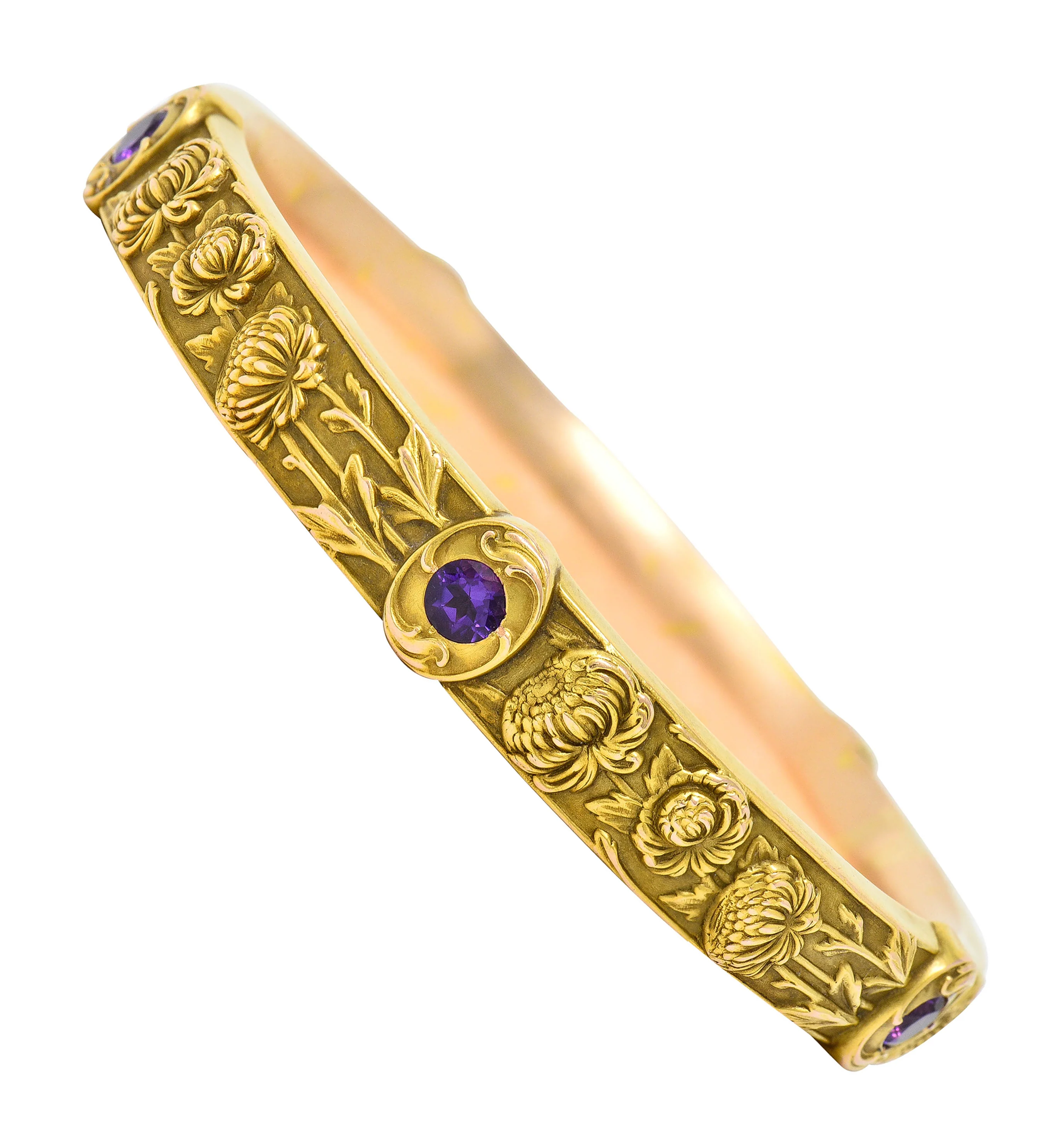 Riker Brothers Art Nouveau Floral Amethyst 14 Karat Gold Chrysanthemum Flower Bangle Bracelet - Image 9