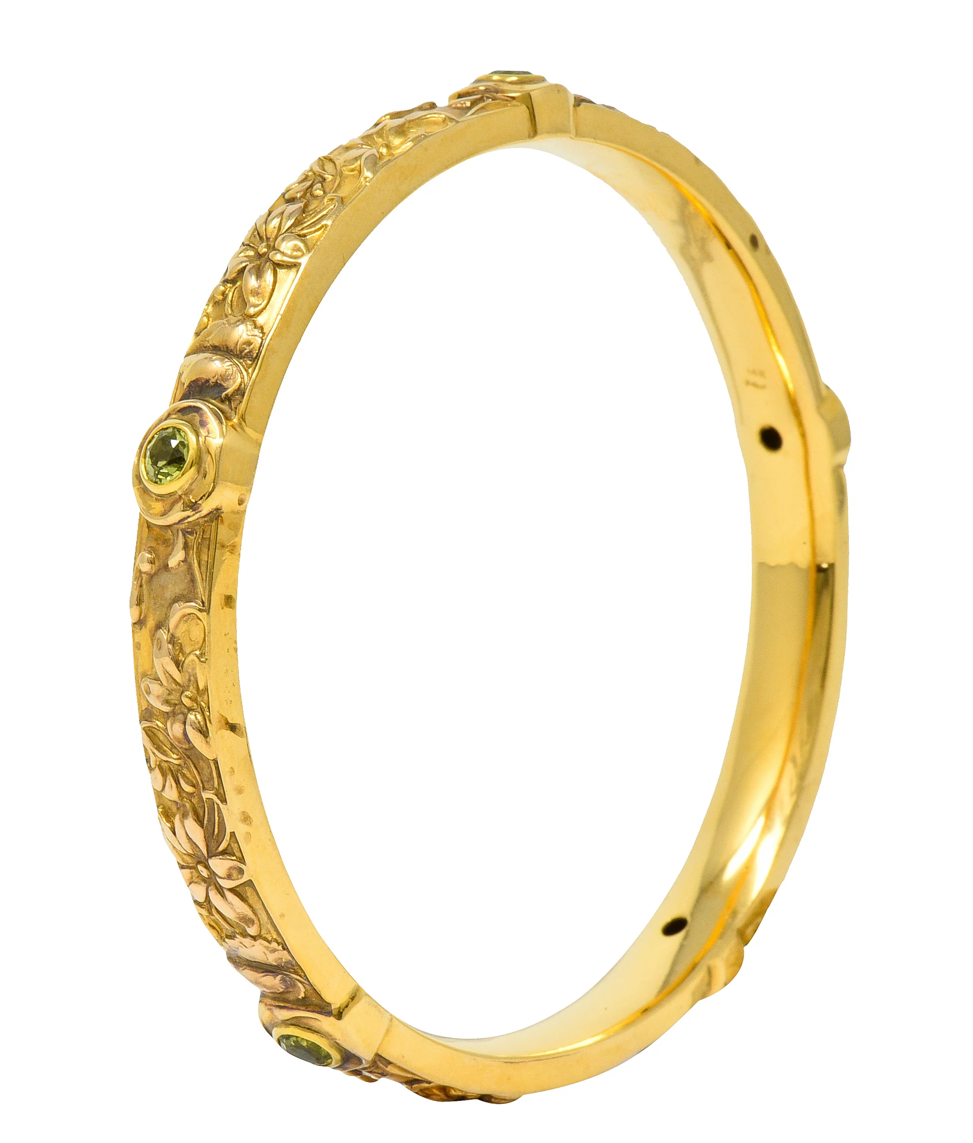 Riker Brothers Art Nouveau Peridot 14 Karat Gold Floral Bangle Bracelet - Image 8