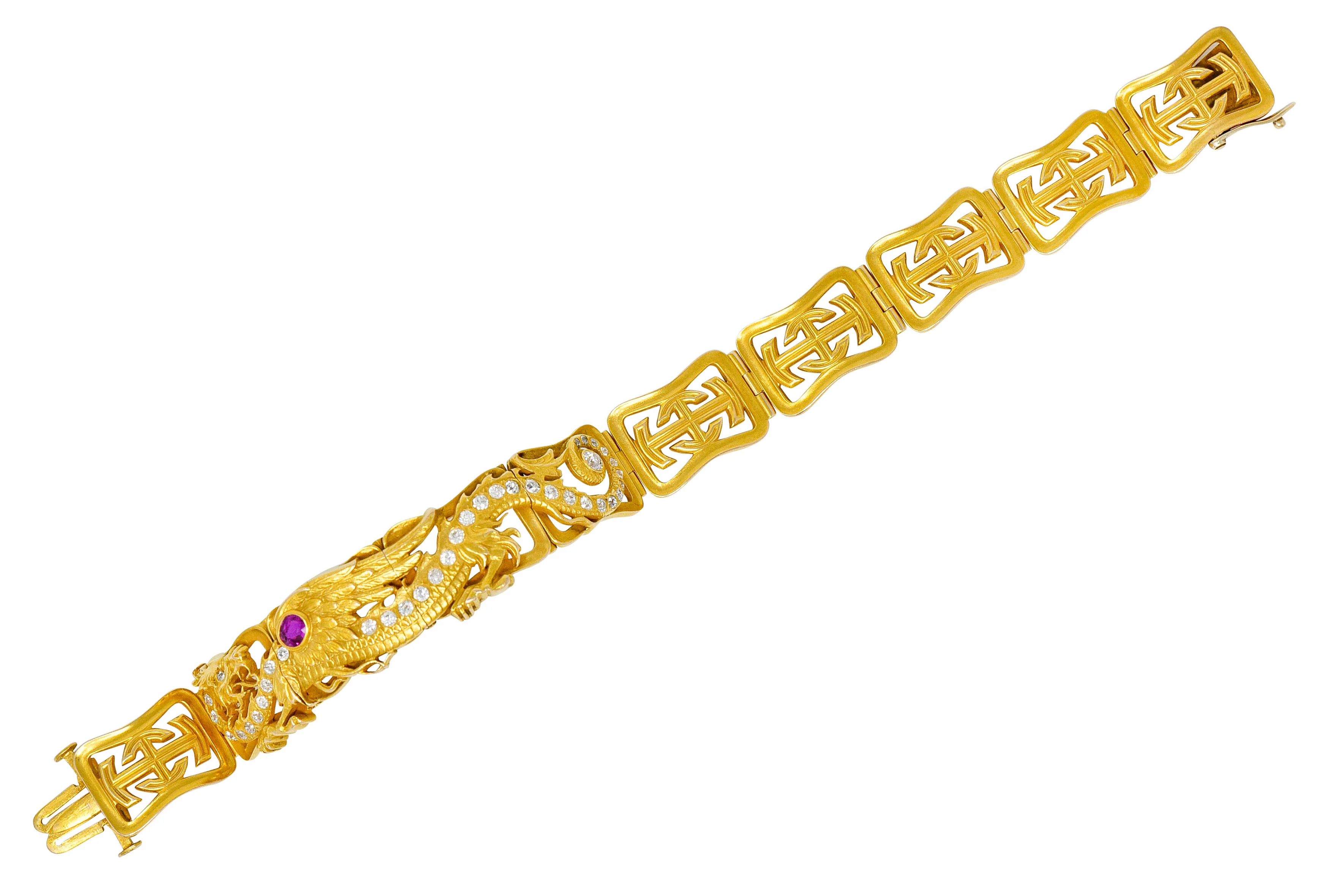 Riker Brothers. Art Nouveau Ruby Diamond 14 Karat Gold Serpent Dragon Bracelet - Image 2