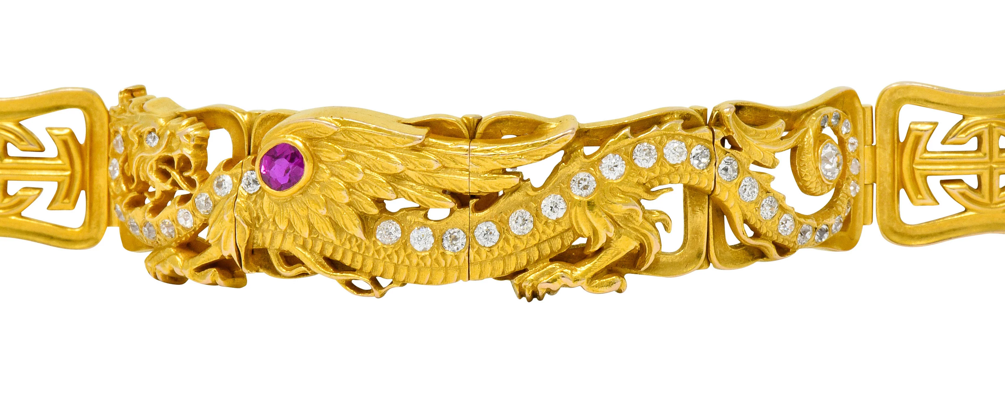 Riker Brothers. Art Nouveau Ruby Diamond 14 Karat Gold Serpent Dragon Bracelet - Image 9