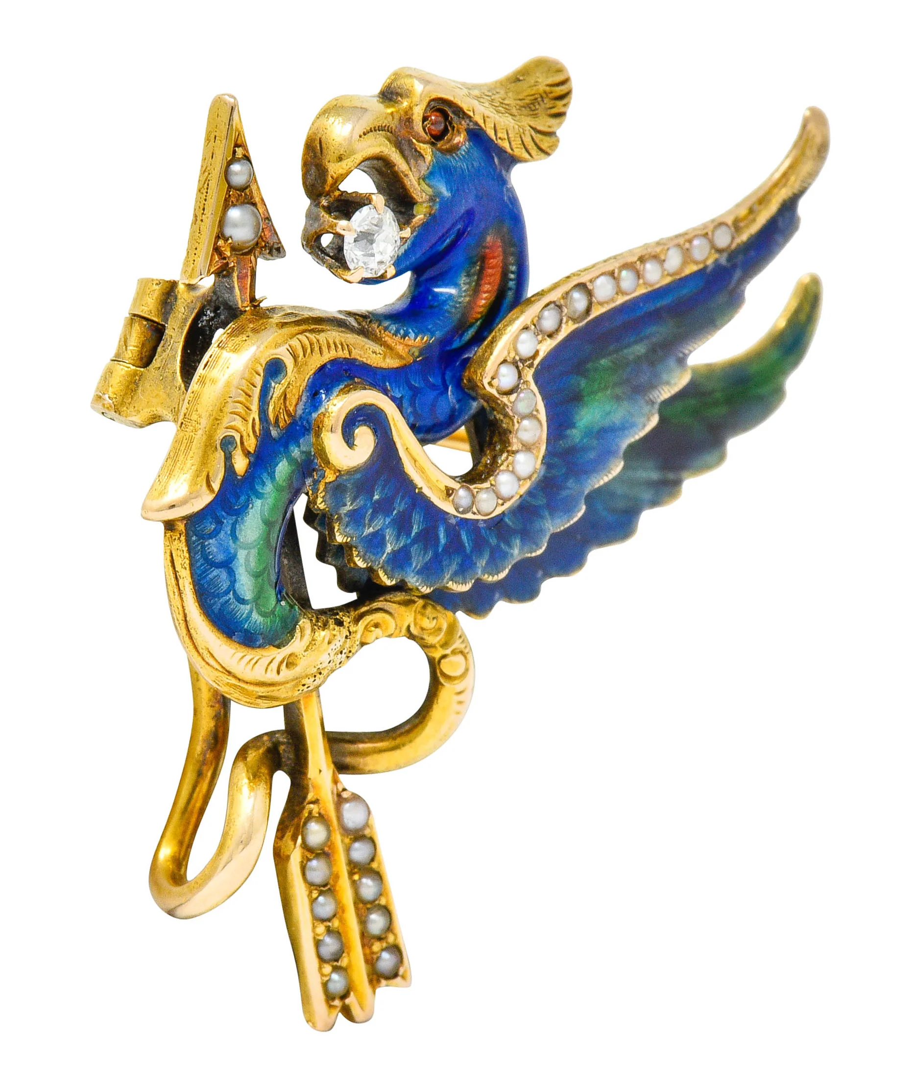 Riker Brothers Diamond Enamel Natural Freshwater Pearl 14 Karat Gold Dragon Basilisk Brooch - Image 2