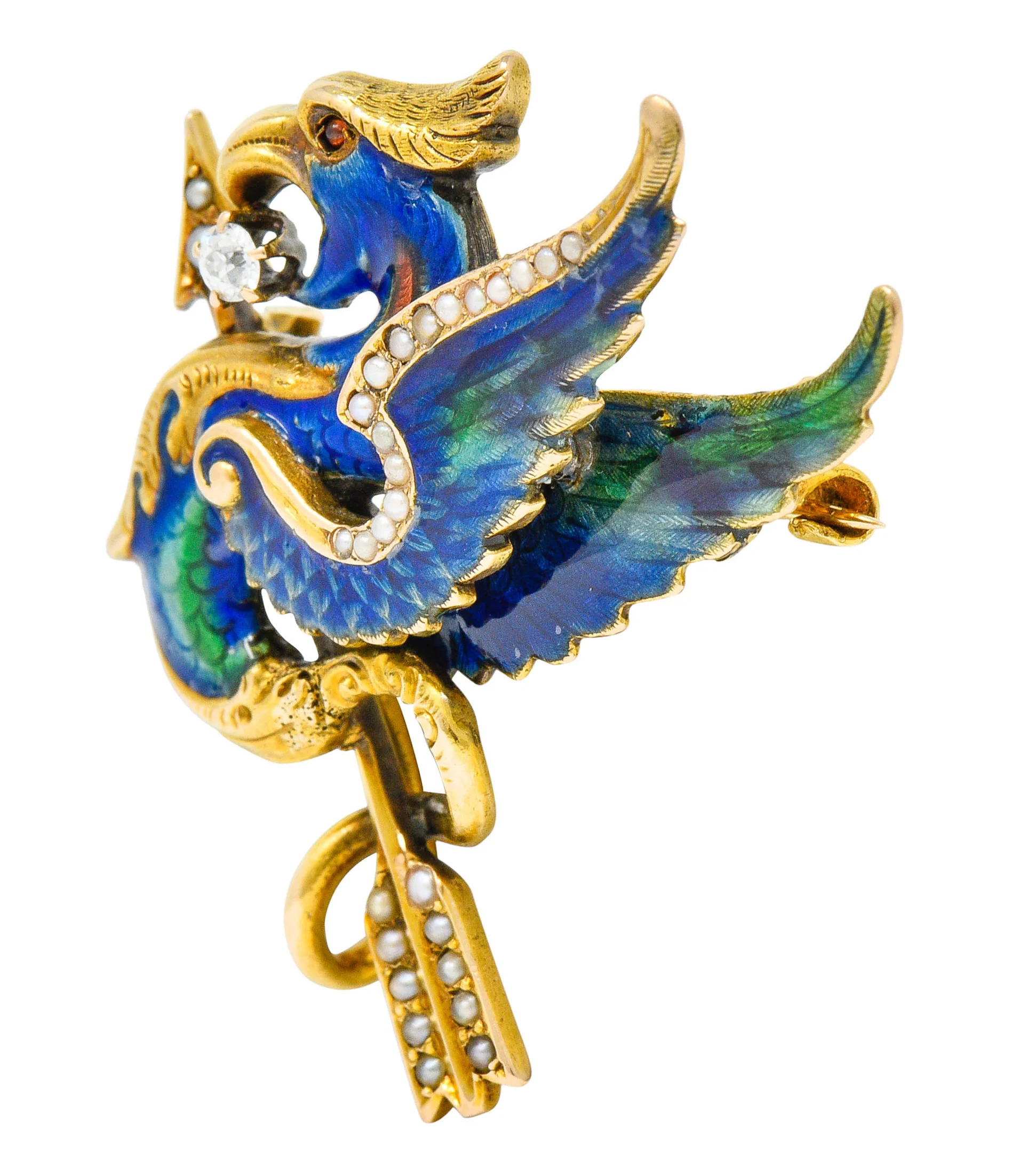 Riker Brothers Diamond Enamel Natural Freshwater Pearl 14 Karat Gold Dragon Basilisk Brooch - Image 3