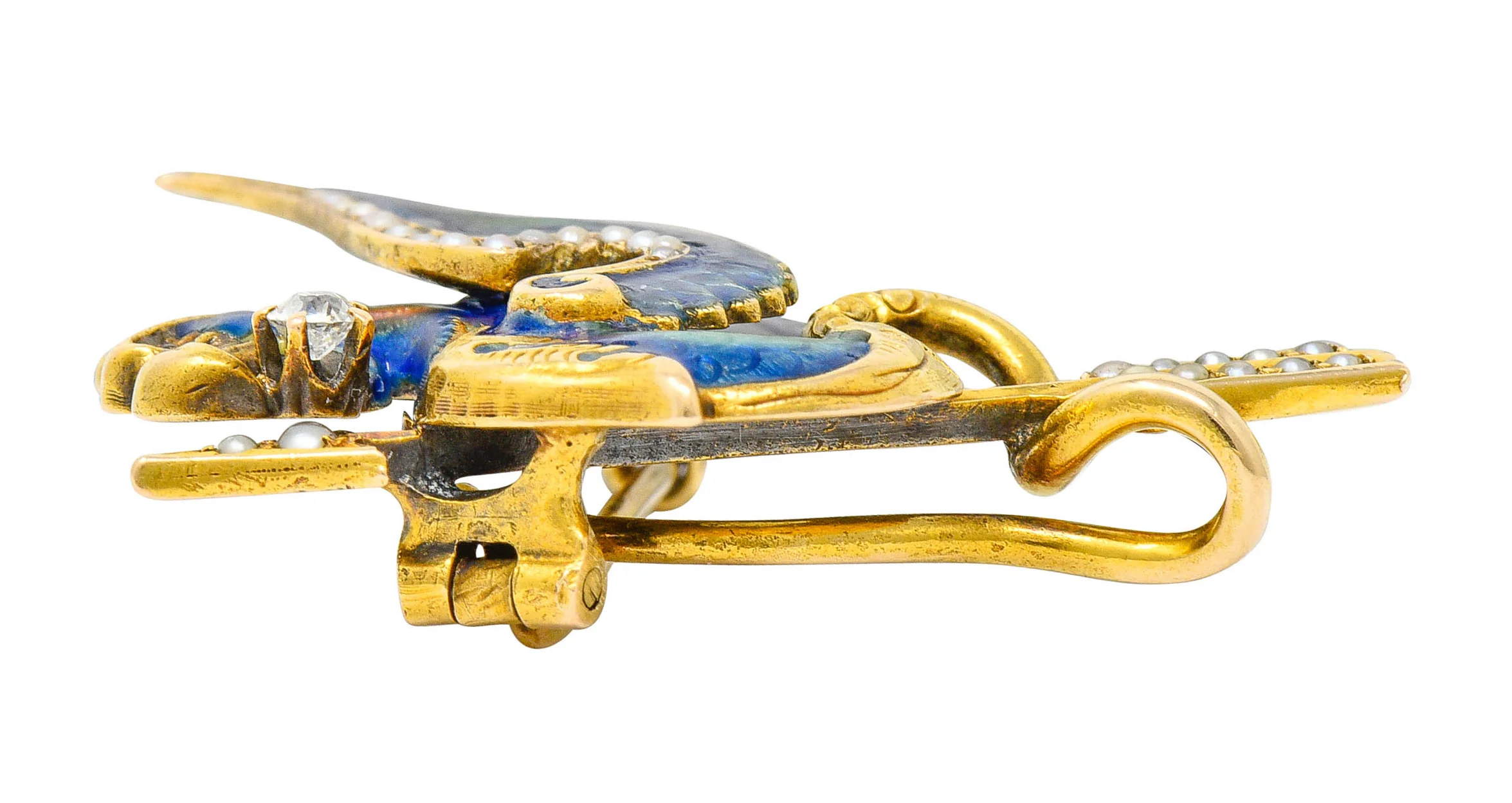Riker Brothers Diamond Enamel Natural Freshwater Pearl 14 Karat Gold Dragon Basilisk Brooch - Image 9