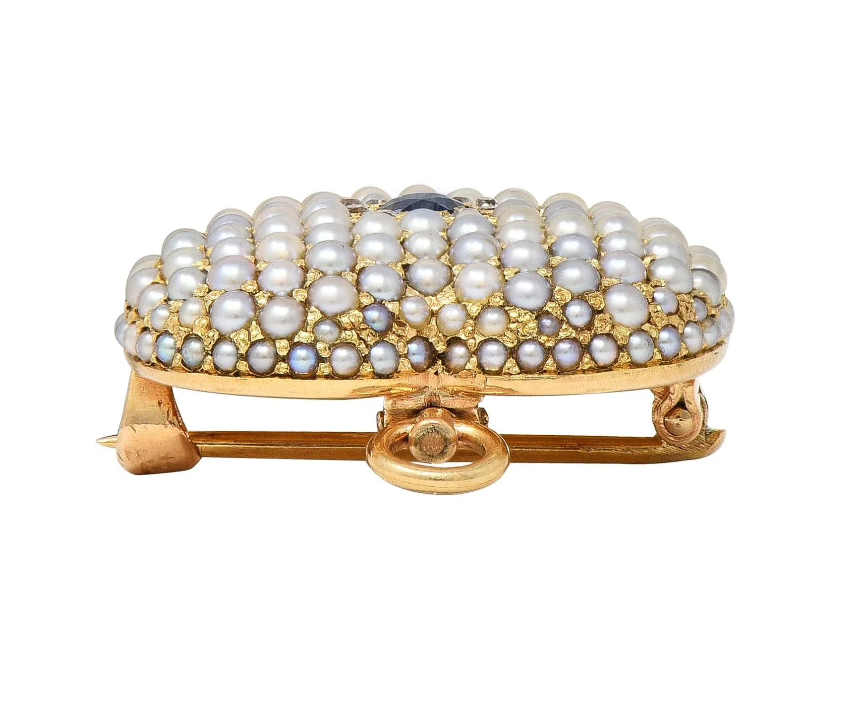 Riker Brothers Victorian Sapphire Diamond Pearl 14 Karat Gold Antique Heart Pendant Brooch - Image 12