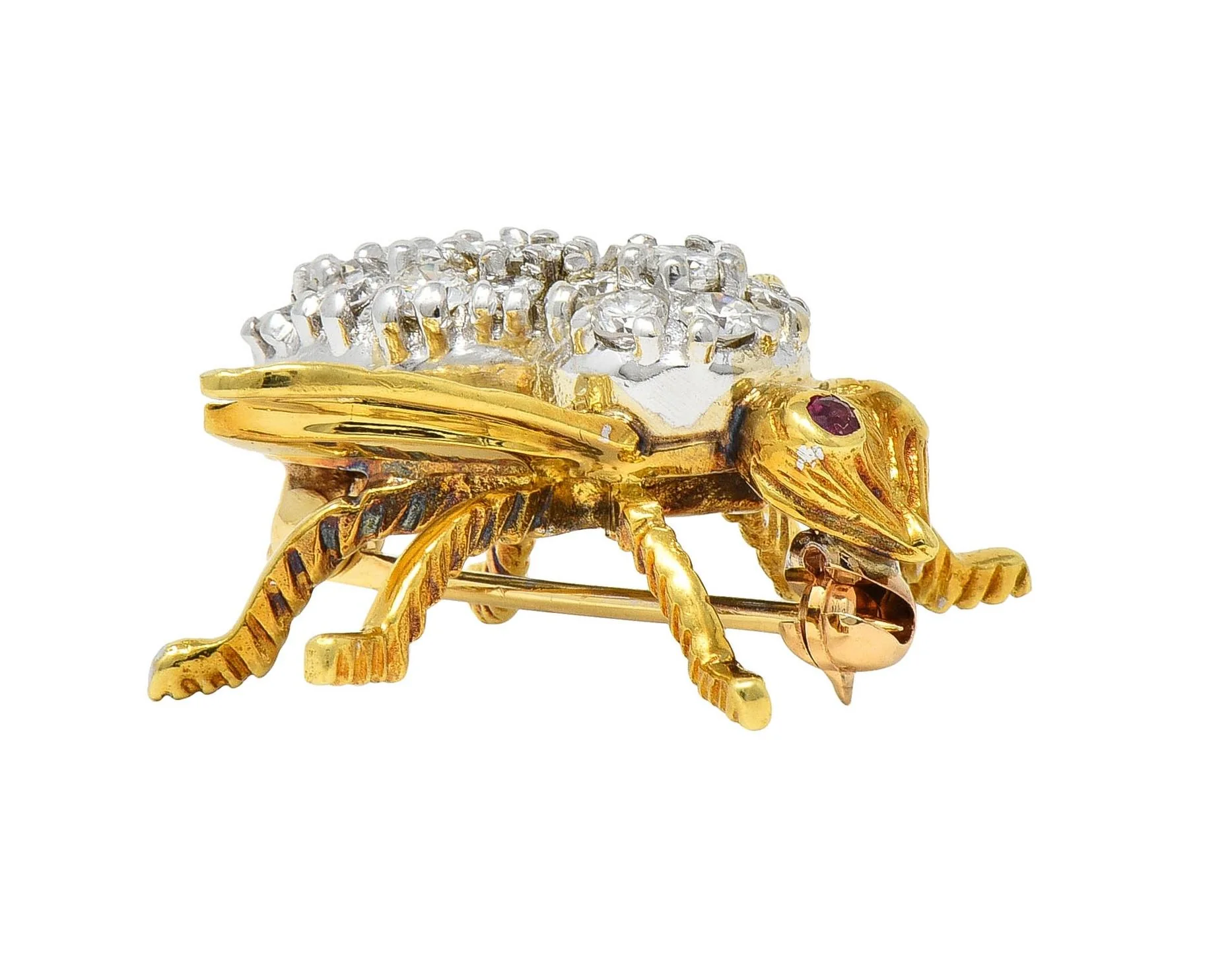 Rosenthal 1960's 1.16 CTW Diamond Ruby 18 Karat Two-Tone Gold Vintage Bee Bug Brooch - Image 11