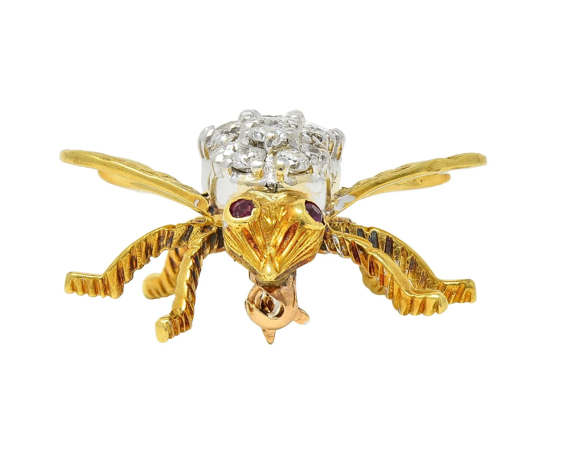 Rosenthal 1960's 1.16 CTW Diamond Ruby 18 Karat Two-Tone Gold Vintage Bee Bug Brooch - Image 12