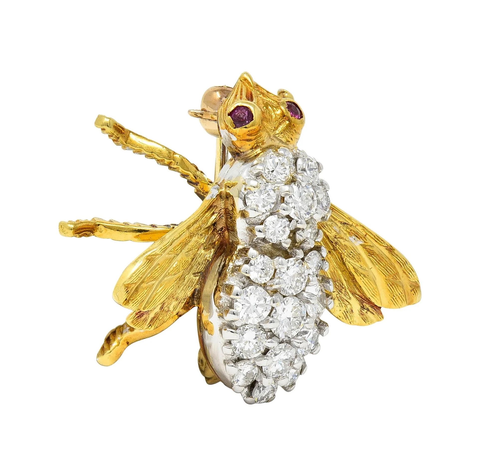 Rosenthal 1960's 1.16 CTW Diamond Ruby 18 Karat Two-Tone Gold Vintage Bee Bug Brooch - Image 13
