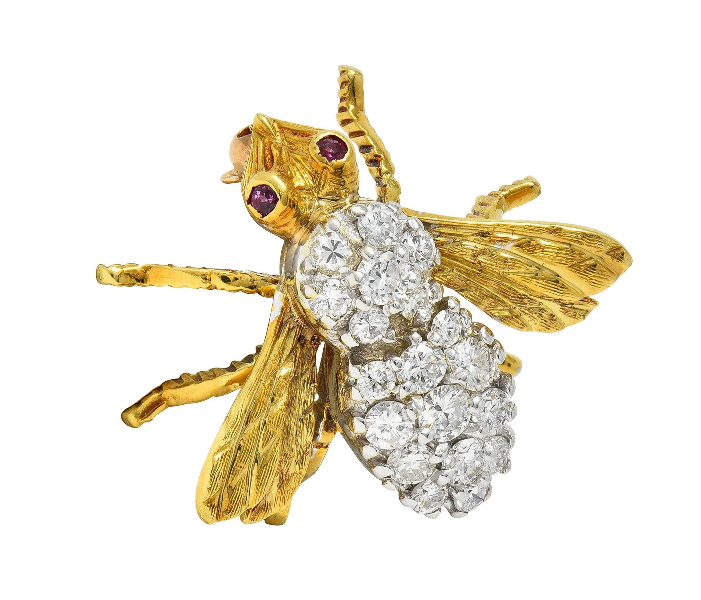 Rosenthal 1960's 1.16 CTW Diamond Ruby 18 Karat Two-Tone Gold Vintage Bee Bug Brooch - Image 14