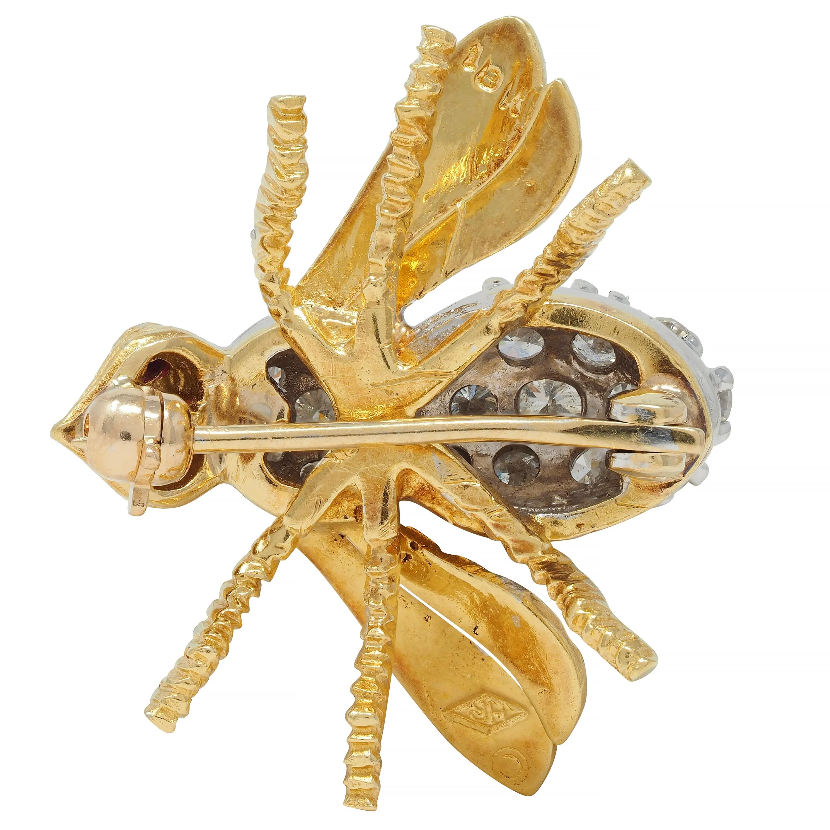 Rosenthal 1960's 1.28 CTW Diamond Ruby 18 Karat Two-Tone Gold Vintage Bee Brooch - Image 3