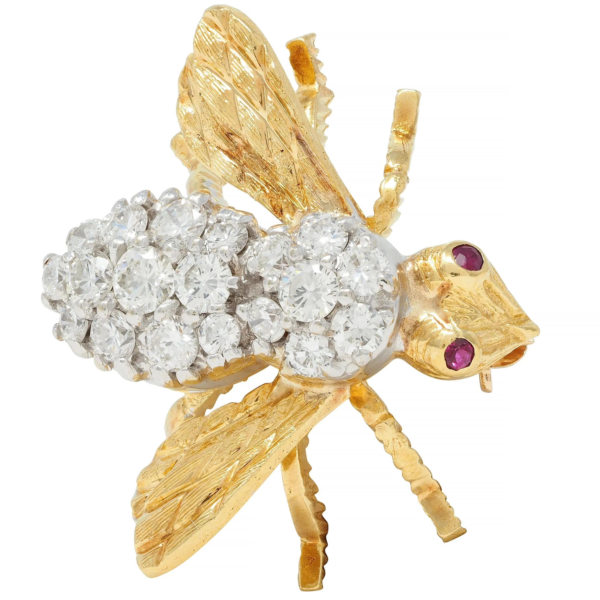 Rosenthal 1960's 1.28 CTW Diamond Ruby 18 Karat Two-Tone Gold Vintage Bee Brooch - Image 4