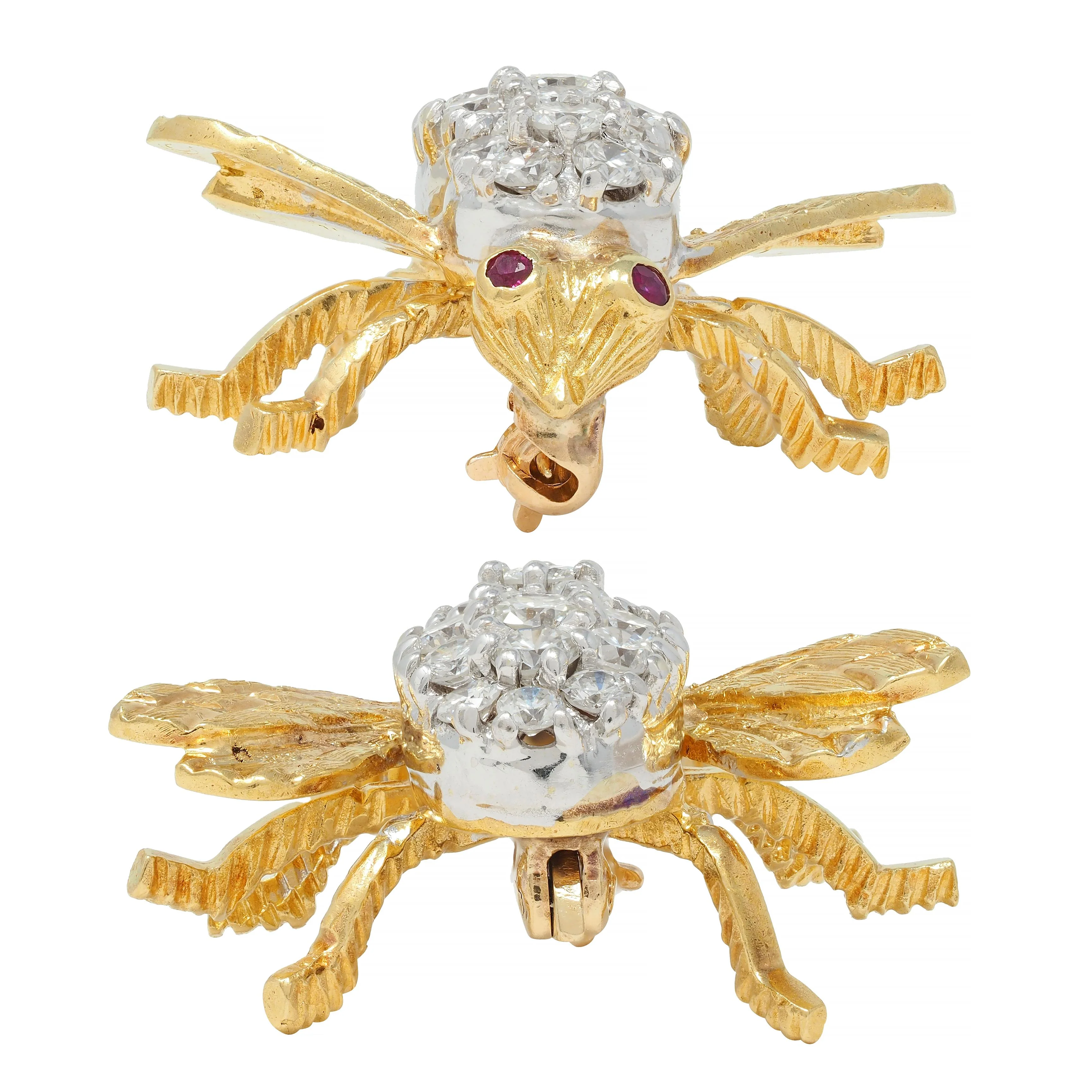 Rosenthal 1960's 1.28 CTW Diamond Ruby 18 Karat Two-Tone Gold Vintage Bee Brooch - Image 5