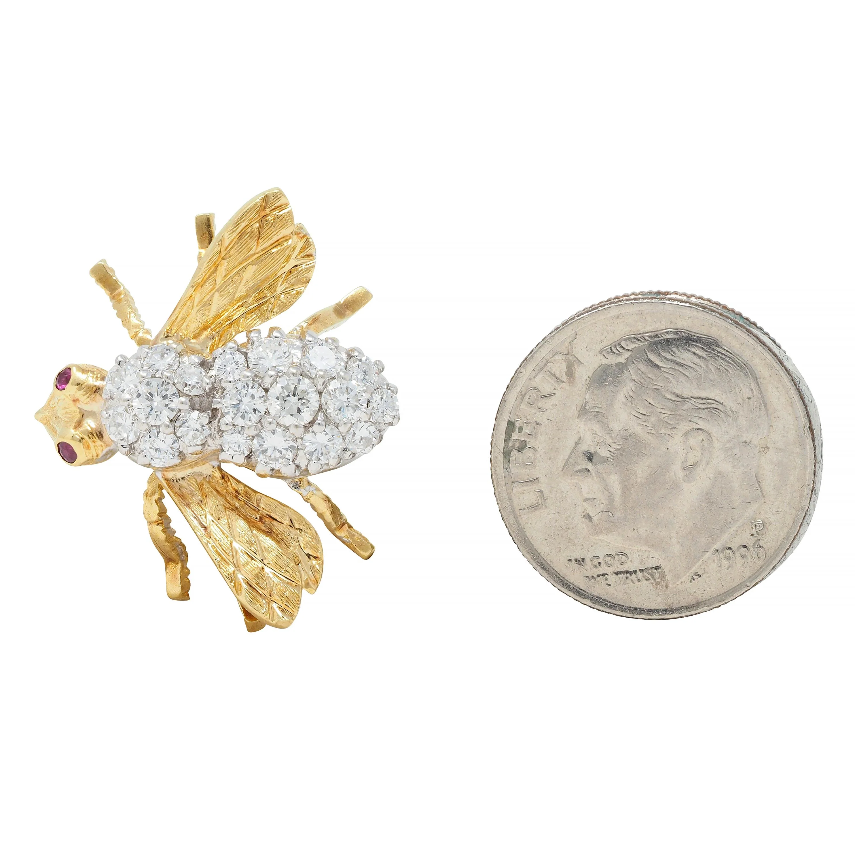 Rosenthal 1960's 1.28 CTW Diamond Ruby 18 Karat Two-Tone Gold Vintage Bee Brooch - Image 7