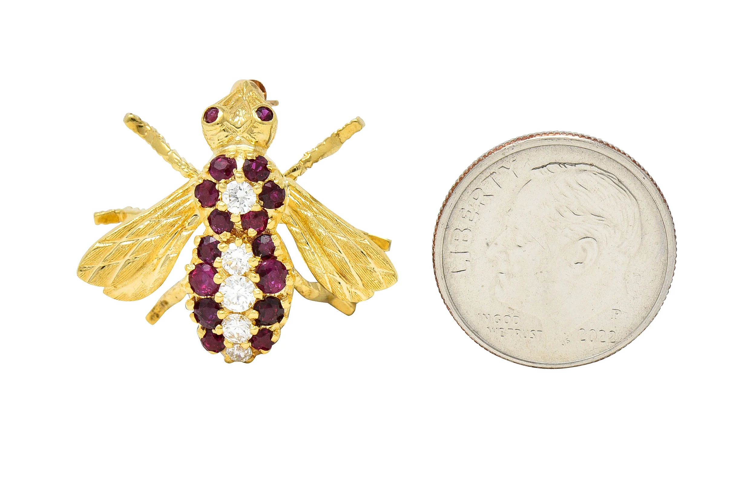 Rosenthal 1960s Diamond Ruby 18 Karat Yellow Gold Bee Vintage Brooch - Image 11